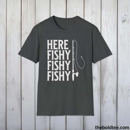 T-Shirt Dark Heather / S Here Fishy Fishy Fishy T-Shirt - Premium Fishing Graphic Tee - Fishing Gift For Fishermen - Funny Fishing Meme Shirt - 9 Colors Available