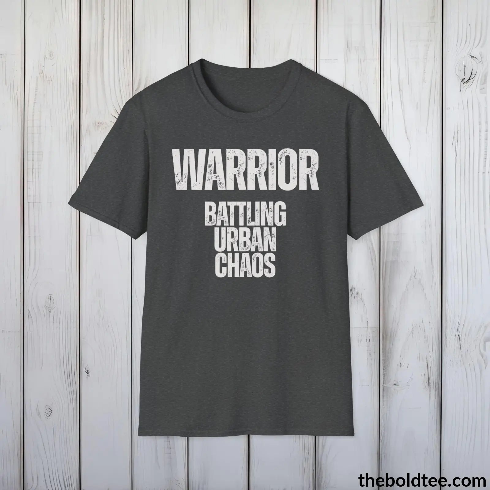 T-Shirt Dark Heather / S WARRIOR - Battling Urban Chaos Tee - Bold Urbnan Cotton T-Shirt - 9 Epic Colors Available