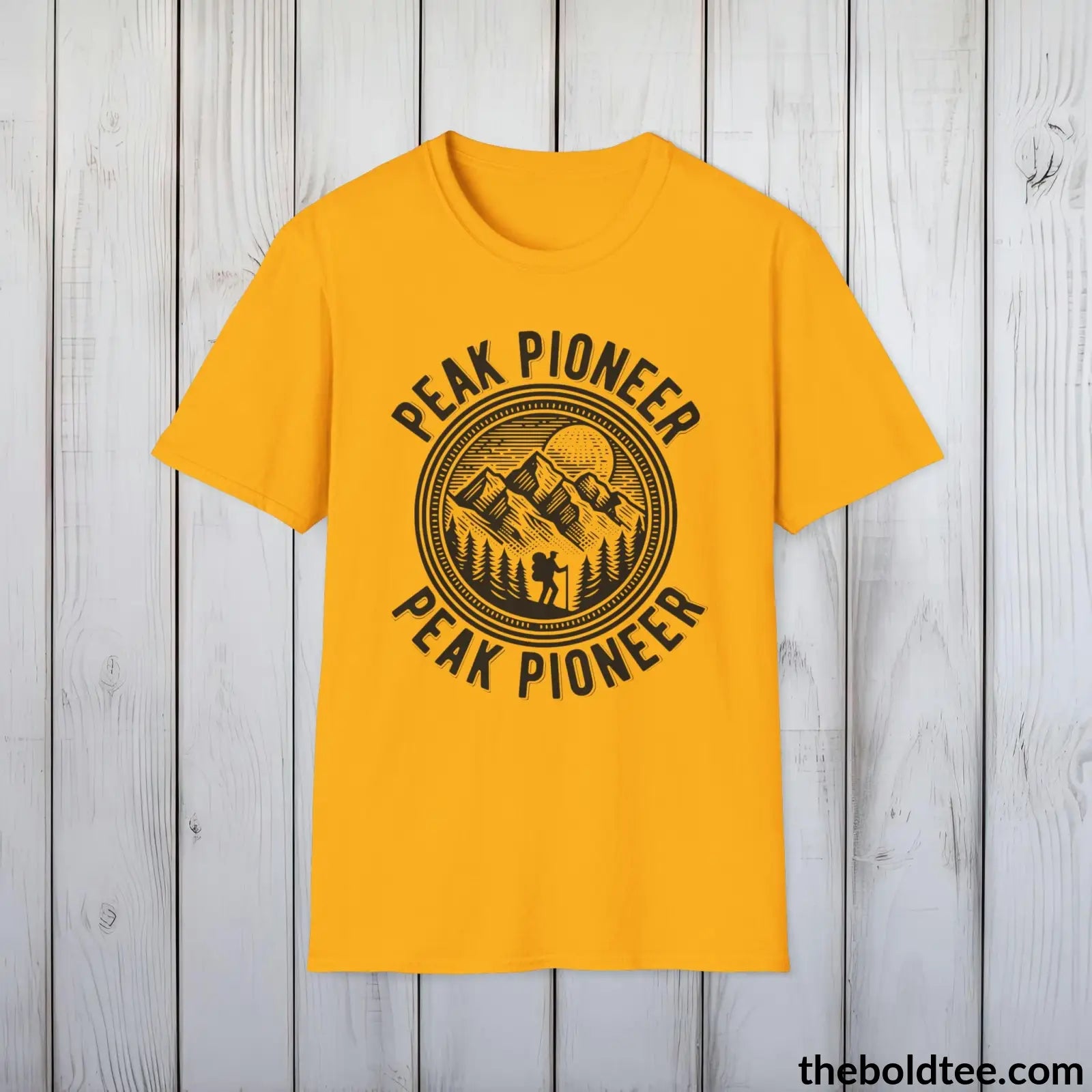 T-Shirt Gold / S PEAK PIONEER Hiking Tee - Sustainable & Soft Cotton Crewneck Unisex T-Shirt - 8 Trendy Colors