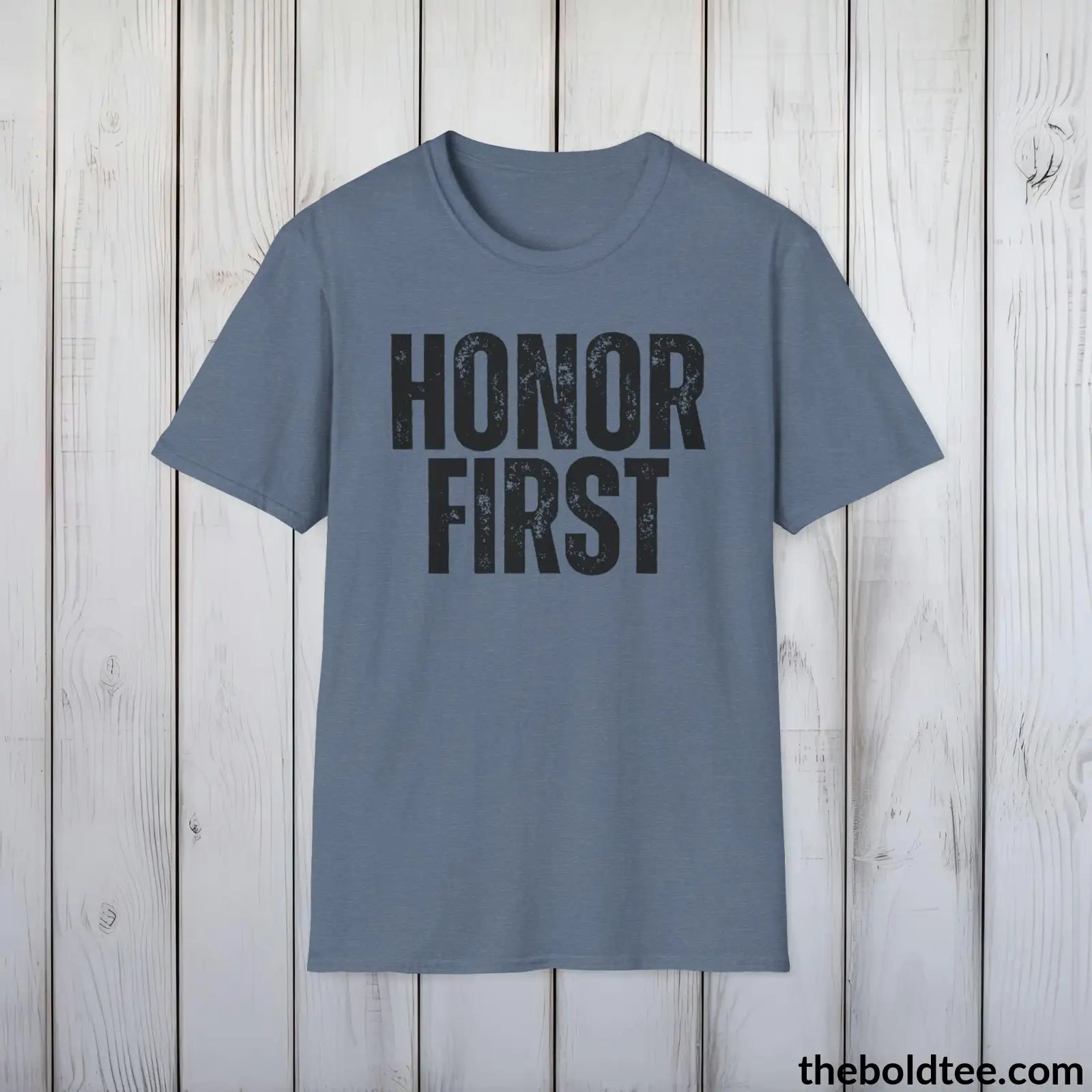 T-Shirt Heather Indigo / S HONOR FIRST Military Tee - Strong & Versatile Cotton Crewneck T-Shirt - 9 Bold Colors