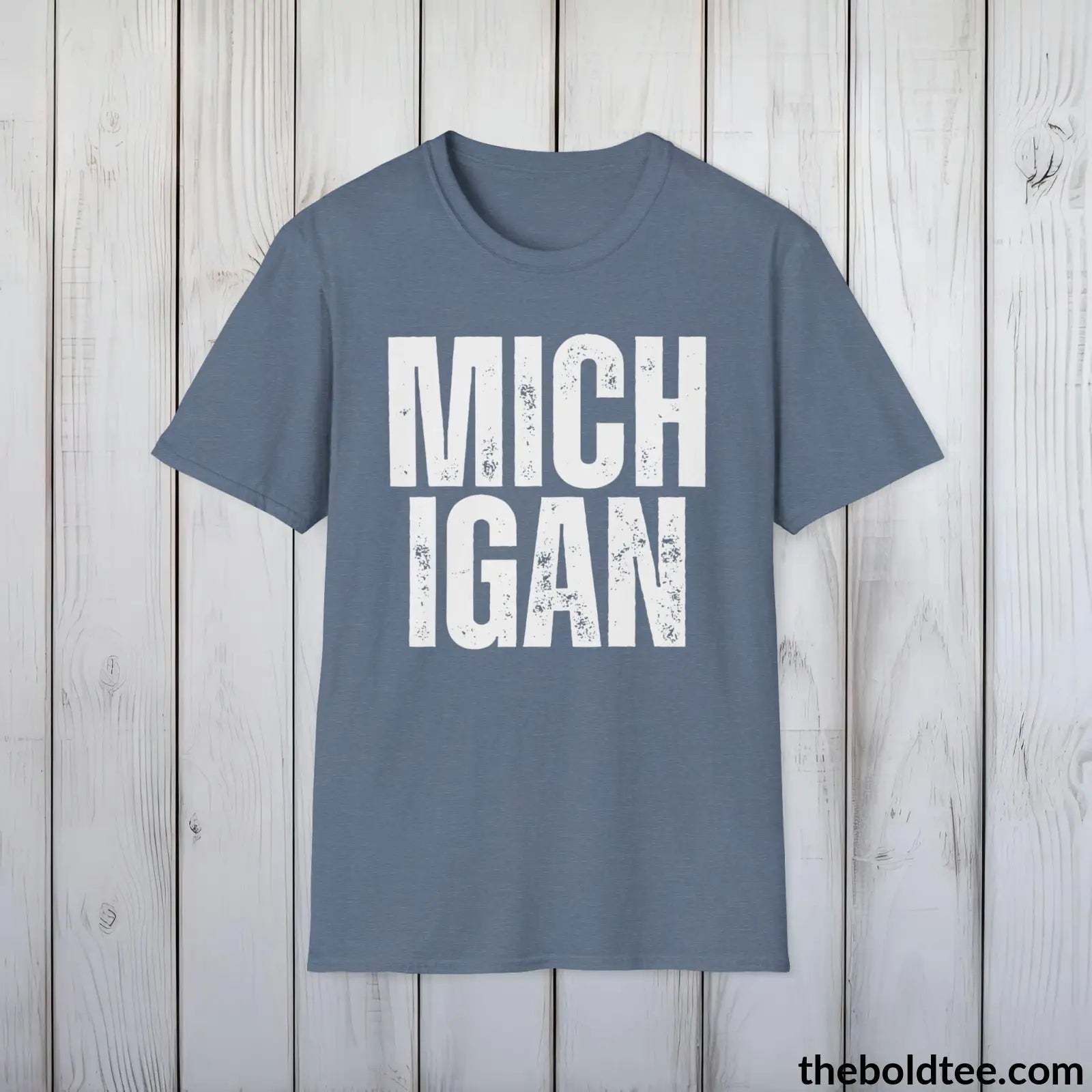 T-Shirt Heather Indigo / S MICHIGAN Tee - Casual, Sustainable & Soft Cotton Crewneck Unisex T-Shirt - 9 Bold Colors