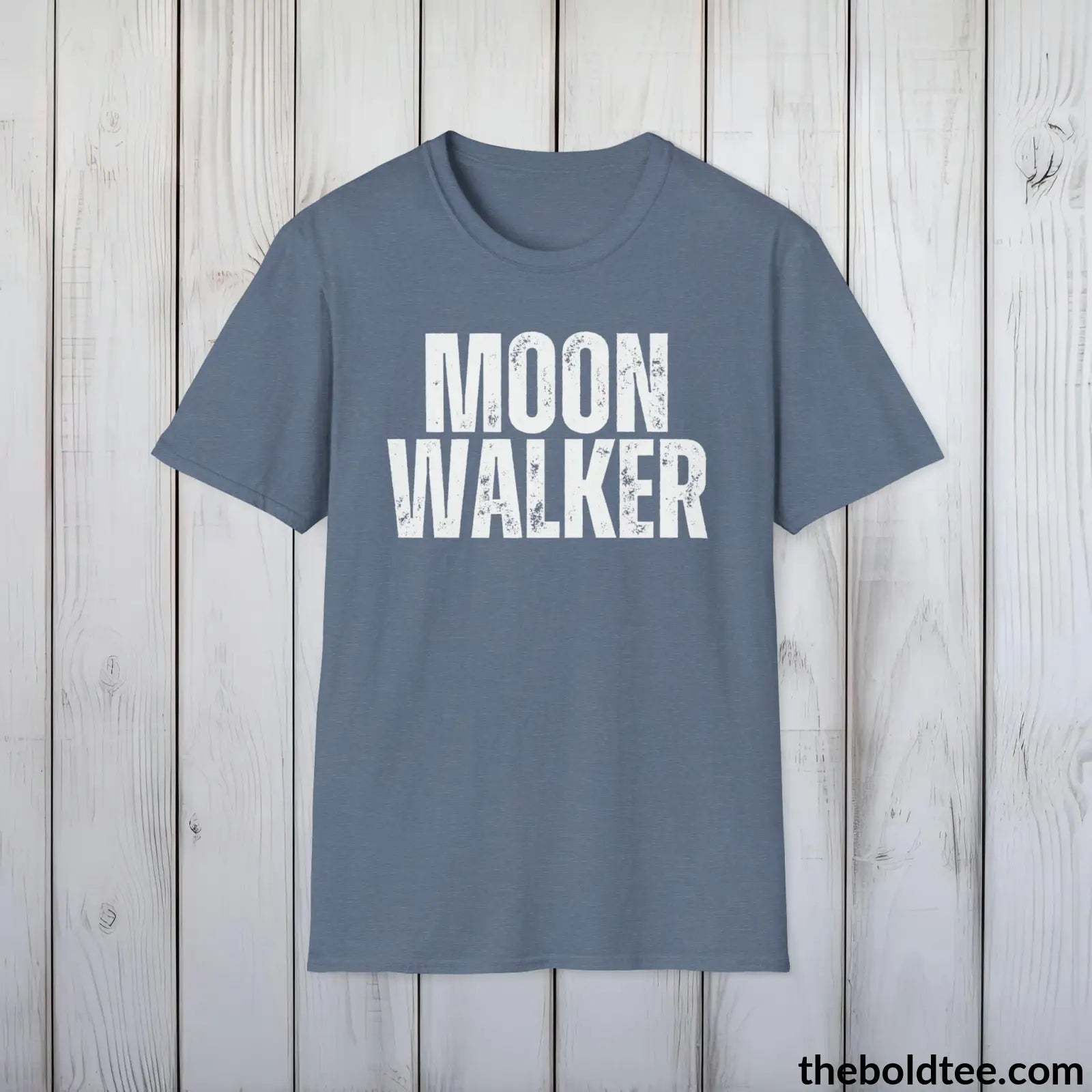 T-Shirt Heather Indigo / S MOON WALKER Space Tee - Casual, Sustainable & Soft Cotton Crewneck Unisex T-Shirt - 9 Bold Colors