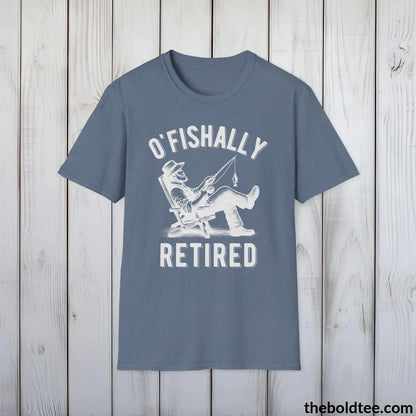 T-Shirt Heather Indigo / S O'Fishally Retired T-Shirt - Premium Retirement Fishing Graphic Tee - Fishing Gift For Retiree - Funny Fishing Meme Shirt - 9 Colors