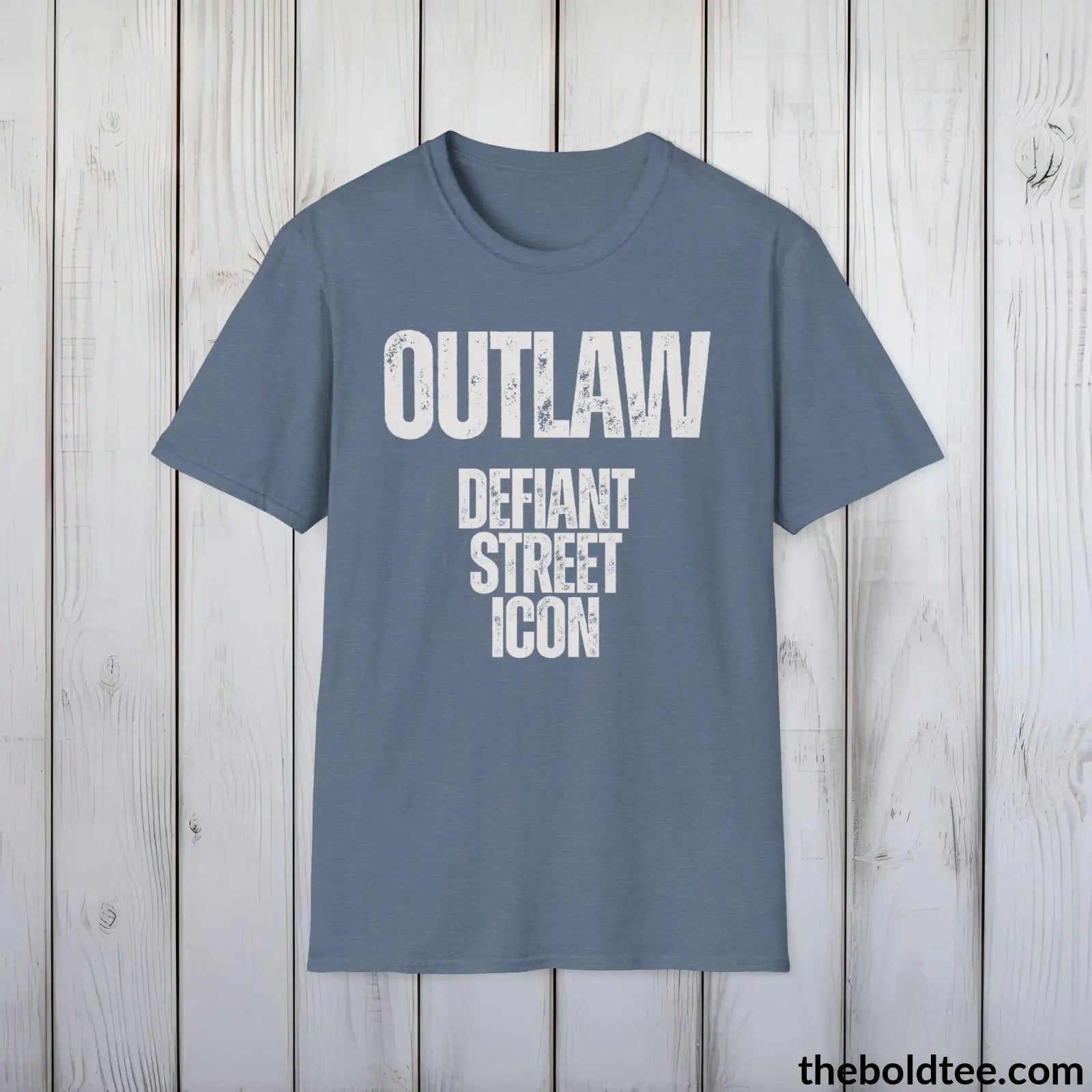 T-Shirt Heather Indigo / S OUTLAW - Defiant Street Icon Tee - Bold Urbnan Cotton T-Shirt - 9 Epic Colors Available