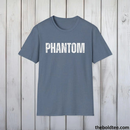 T-Shirt Heather Indigo / S PHANTOM Tee - Battling Urban Chaos Tee - Bold Urbnan Cotton T-Shirt - 9 Epic Colors Available