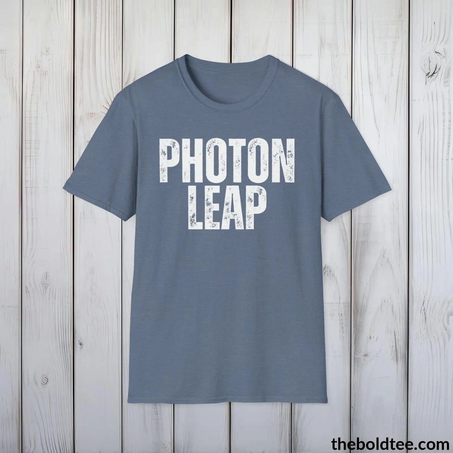 T-Shirt Heather Indigo / S PHOTON LEAP Space Tee - Casual, Sustainable & Soft Cotton Crewneck Unisex T-Shirt - 9 Bold Colors