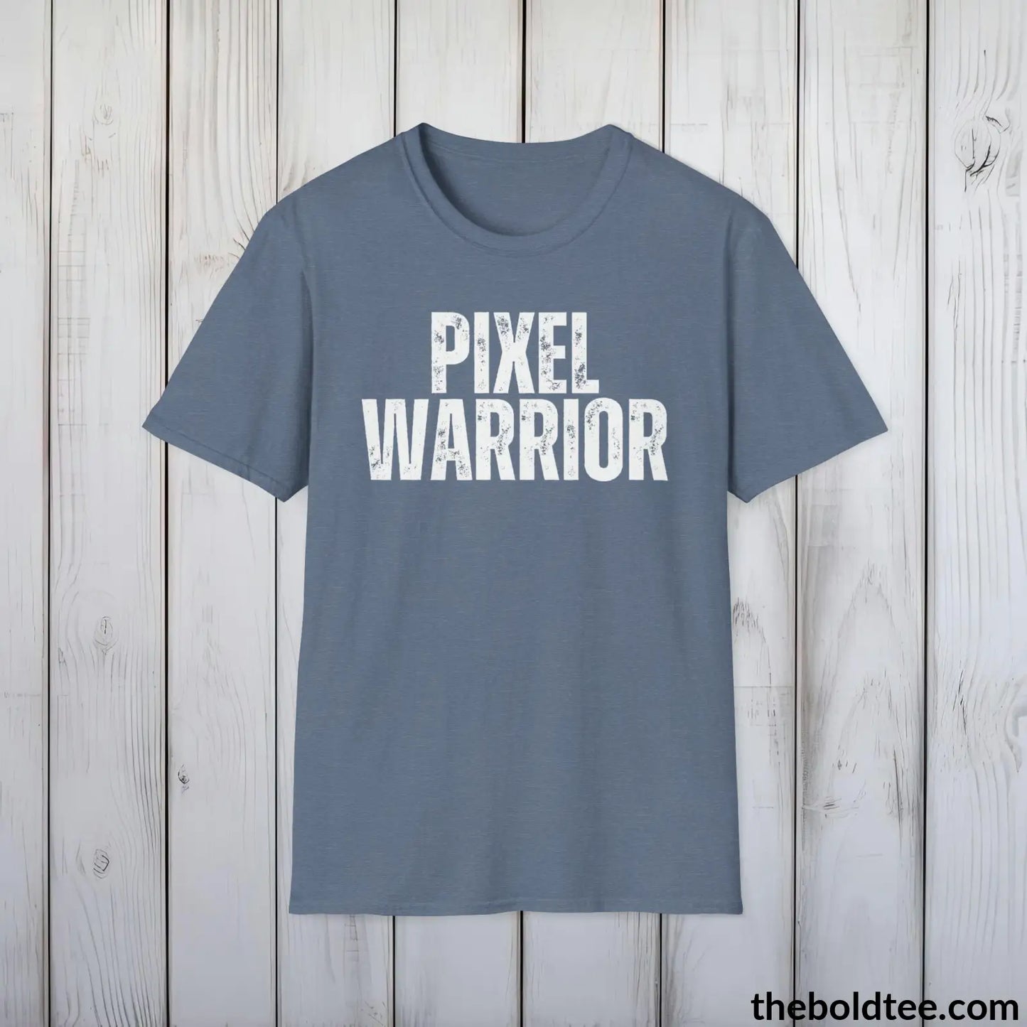 T-Shirt Heather Indigo / S PIXEL WARRIOR Gamer Tee - Sustainable & Soft Cotton Crewneck Unisex T-Shirt - 9 Bold Colors