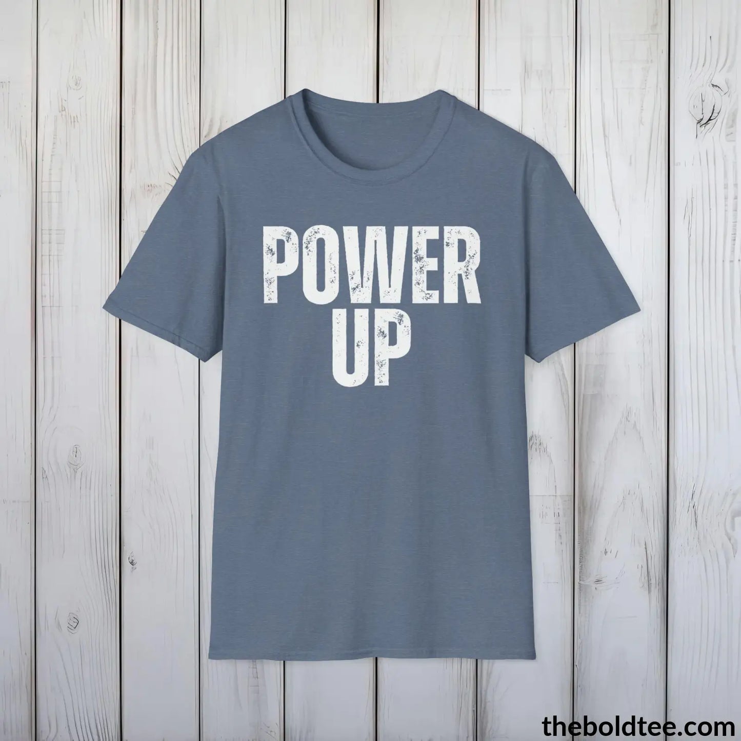 T-Shirt Heather Indigo / S POWER UP Gamer Tee - Sustainable & Soft Cotton Crewneck Unisex T-Shirt - 9 Bold Colors