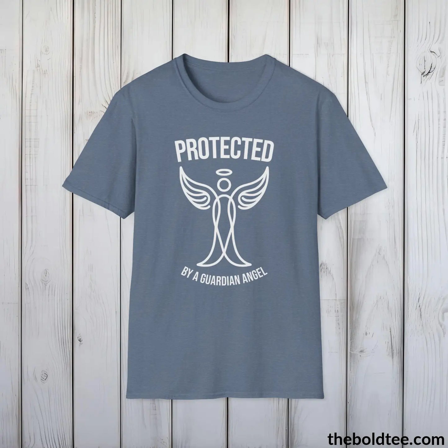 T-Shirt Heather Indigo / S Protected by a Guardian Angel T-Shirt - Spiritual Guardian Angel Tee - Angel Wings Inspirational T-Shirt - Spiritual Gift - 9 Colors