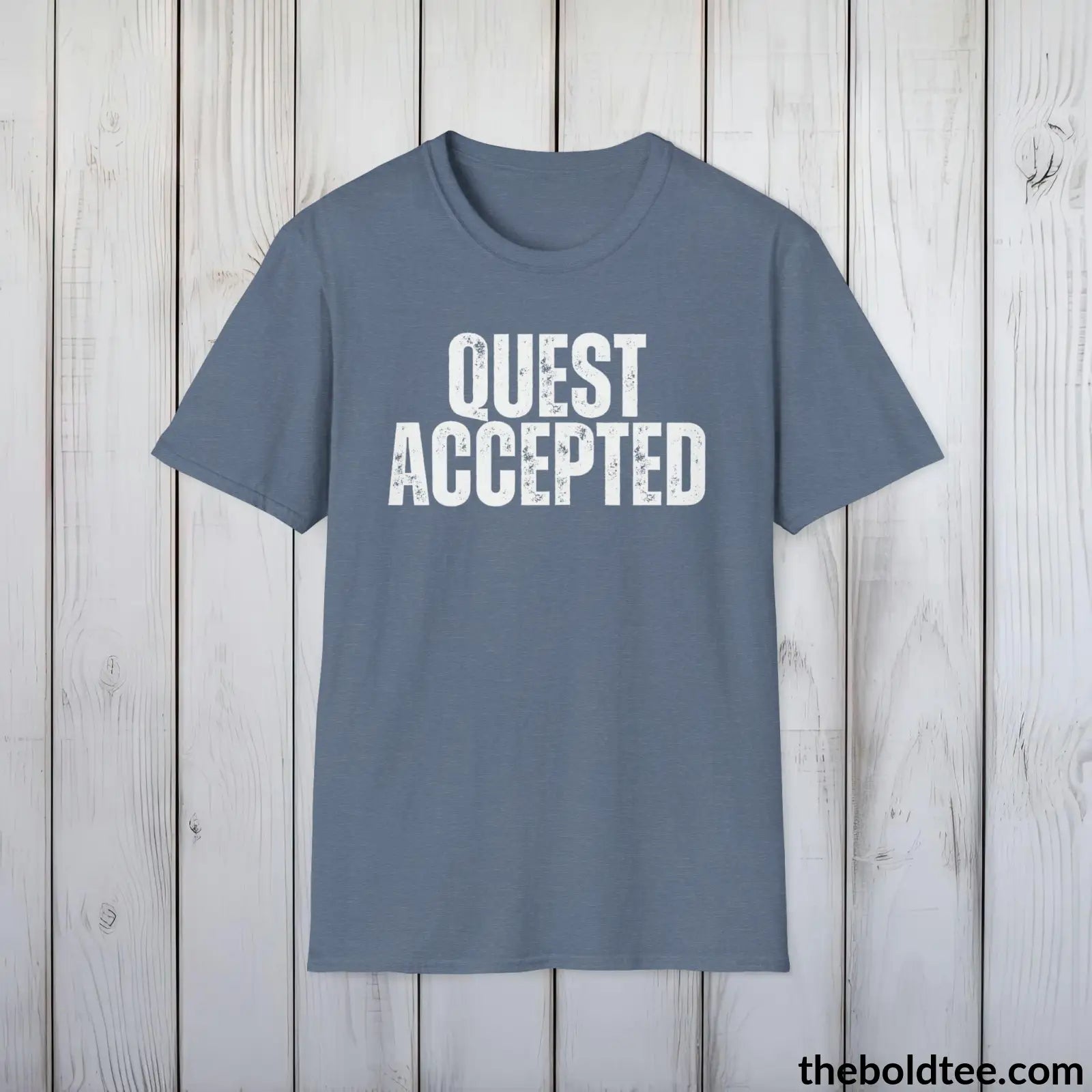 T-Shirt Heather Indigo / S QUEST ACCEPTED Gamer Tee - Sustainable & Soft Cotton Crewneck Unisex T-Shirt - 9 Bold Colors