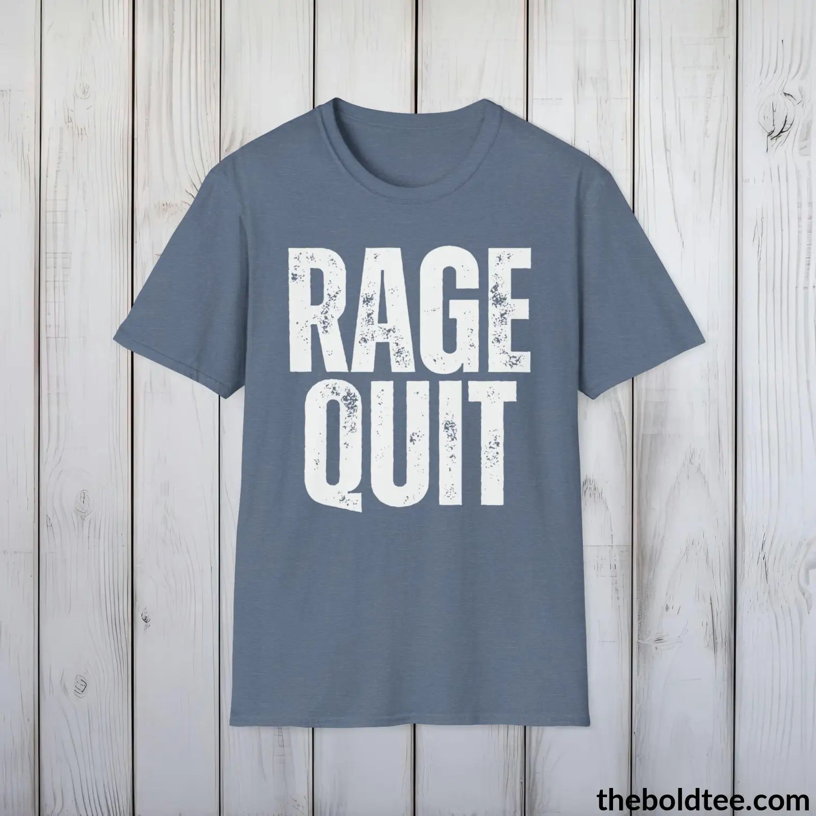 T-Shirt Heather Indigo / S RAGE QUIT Gamer Tee - Sustainable & Soft Cotton Crewneck Unisex T-Shirt - 9 Bold Colors