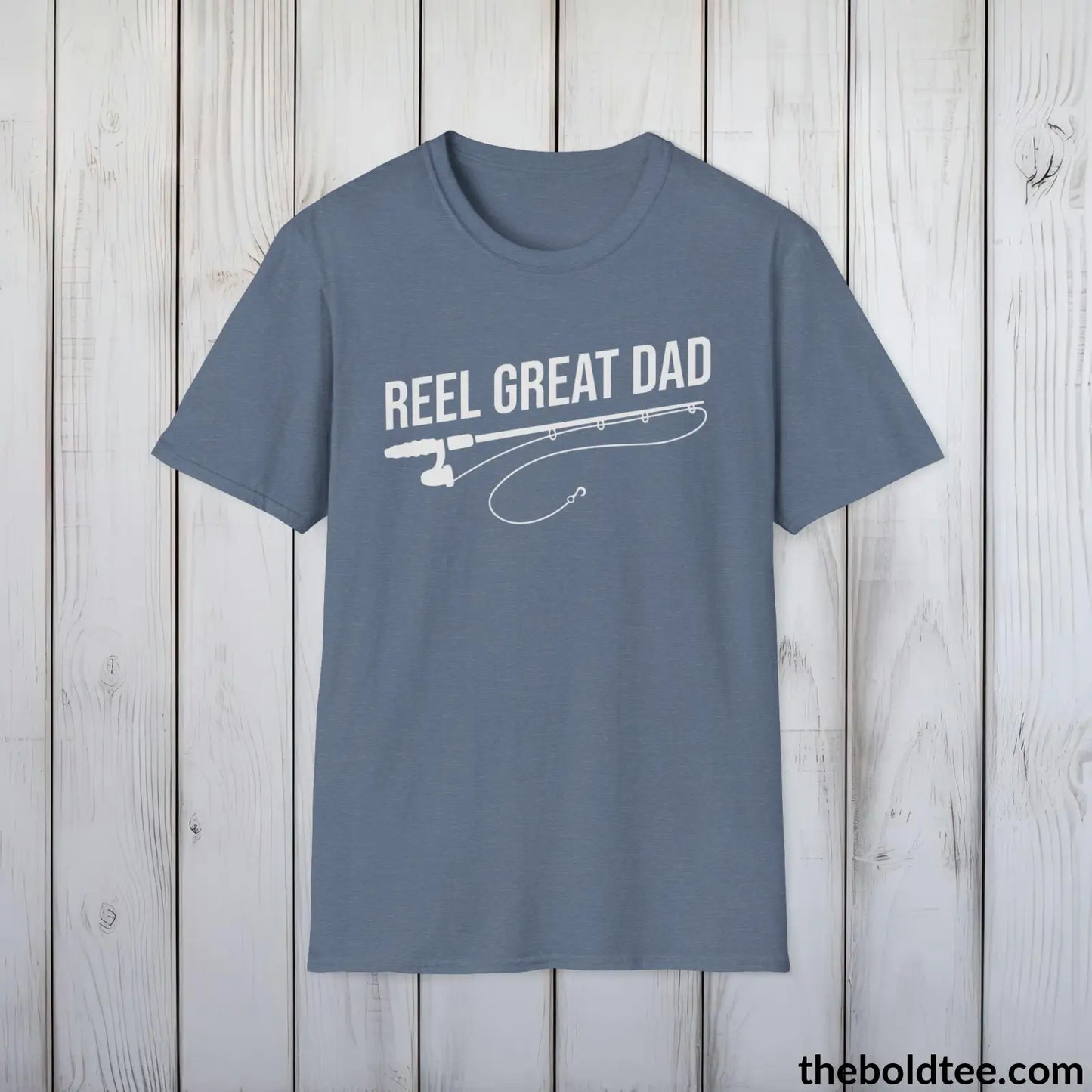 T-Shirt Heather Indigo / S Reel Great Dad T-Shirt - Premium Dad Fishing Graphic Tee - Fishing Gift For Father - Funny Meme Fishing Shirt - 9 Colors Available