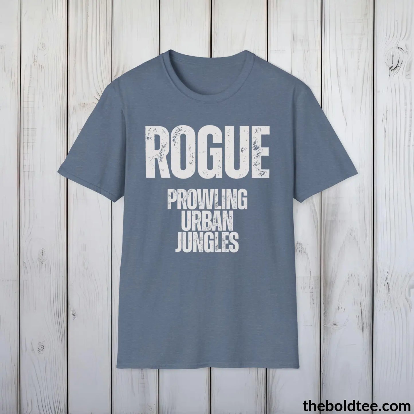 T-Shirt Heather Indigo / S ROGUE - Prowling Urban Jungles Tee - Bold Urbnan Cotton T-Shirt - 9 Epic Colors Available