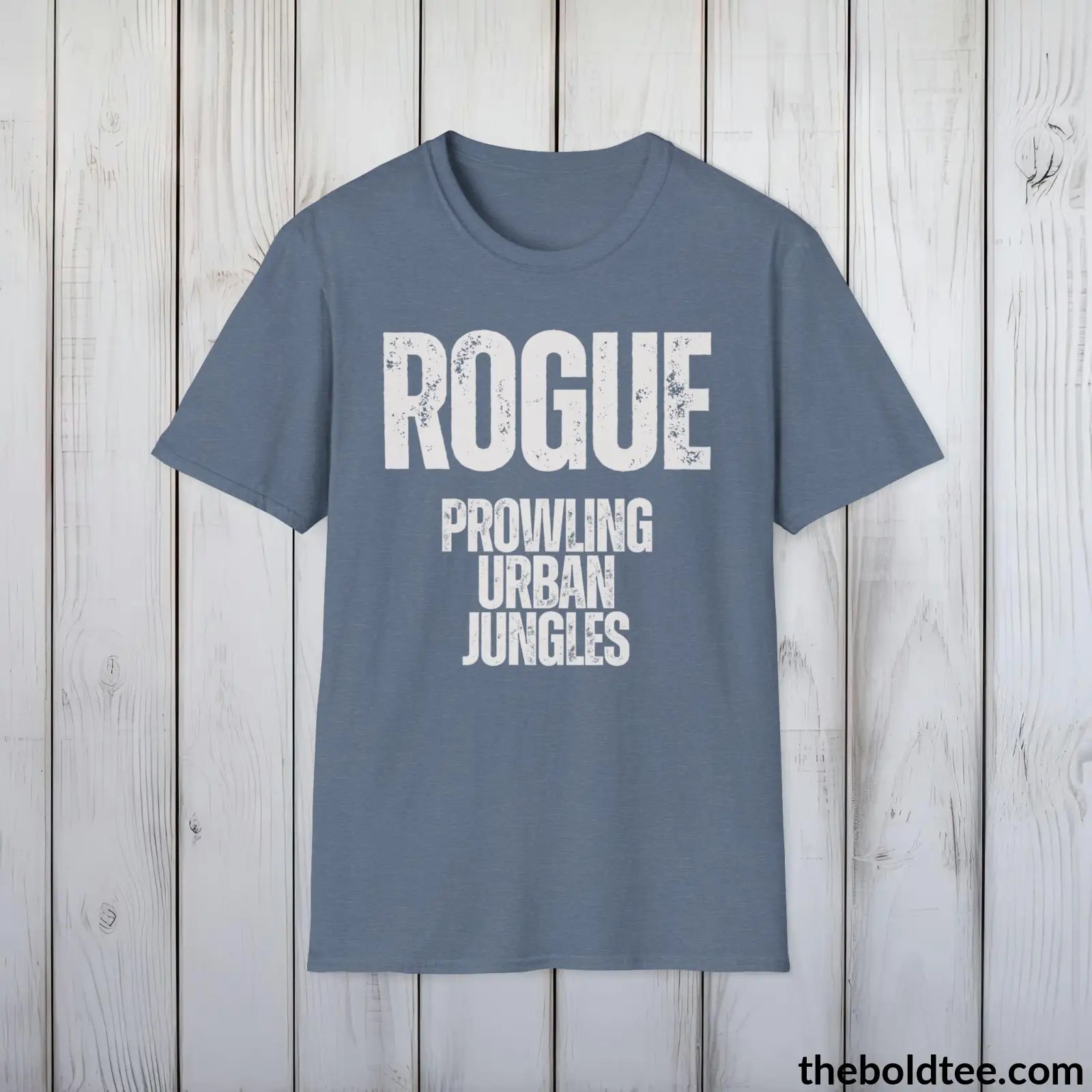 T-Shirt Heather Indigo / S ROGUE - Prowling Urban Jungles Tee - Bold Urbnan Cotton T-Shirt - 9 Epic Colors Available