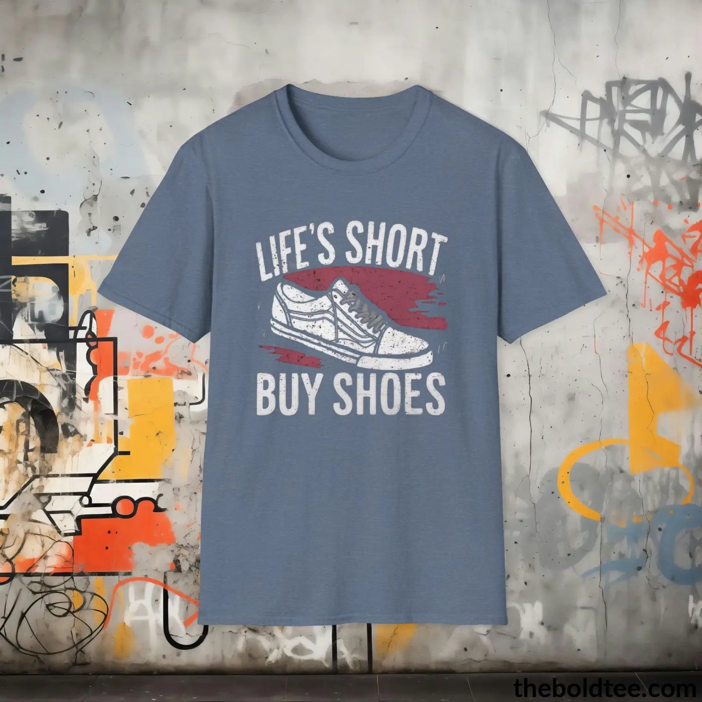 T-Shirt Heather Indigo / S Shoe Lover's Delight T-Shirt - Sneaker Enthusiast's Softstyle Shirt - Perfect Gift for Cool Friends - 100% Ring-Spun Cotton - 3 Colors