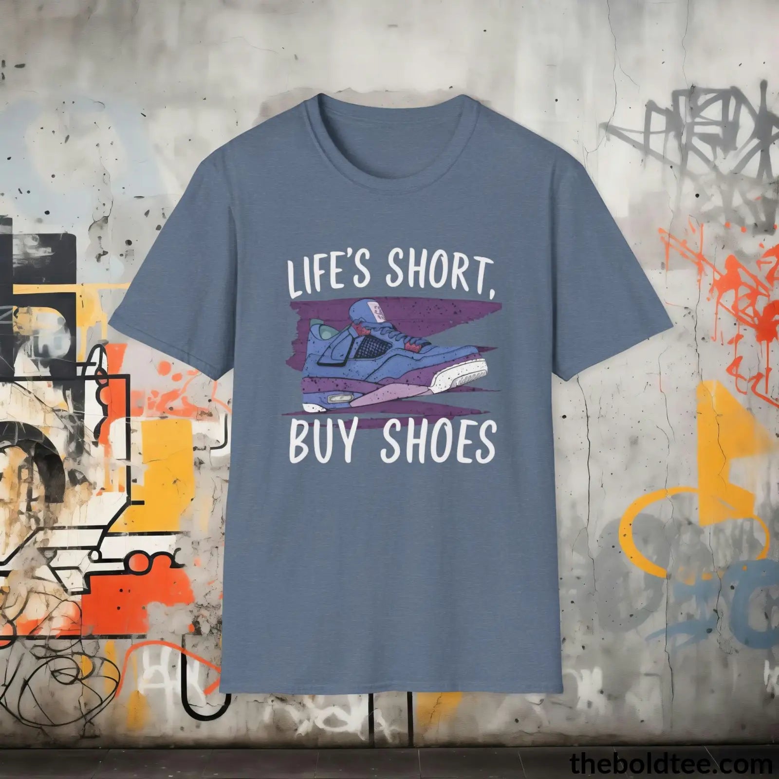 T-Shirt Heather Indigo / S Shoe Lover's Delight T-Shirt - Sneaker Enthusiast's Softstyle Shirt - Perfect Gift for Cool Friends - 100% Ring-Spun Cotton - 3 Colors