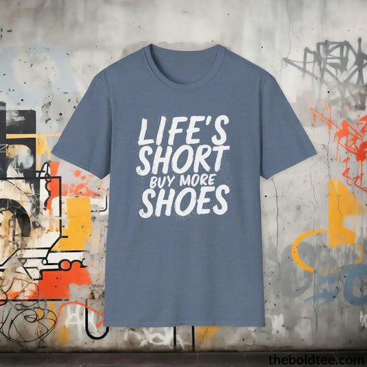 T-Shirt Heather Indigo / S Shoe Lover's Delight T-Shirt - Sneaker Enthusiast's Softstyle Shirt - Perfect Gift for Cool Friends - 100% Ring-Spun Cotton - 3 Colors