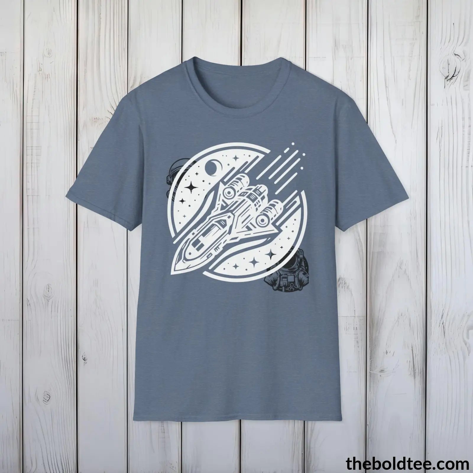 T-Shirt Heather Indigo / S Space Ship Tee - Sustainable & Soft Cotton Crewneck Unisex T-Shirt - 9 Bold Colors