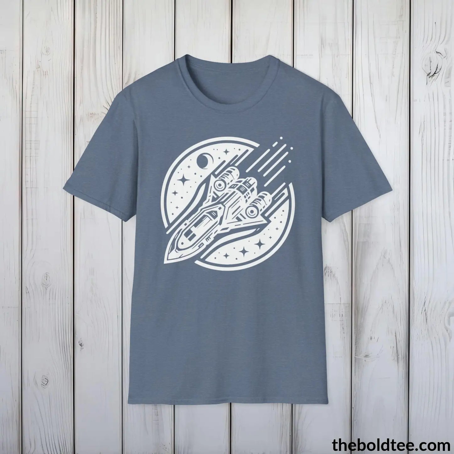 T-Shirt Heather Indigo / S Space Ship Tee - Sustainable & Soft Cotton Crewneck Unisex T-Shirt - 9 Bold Colors