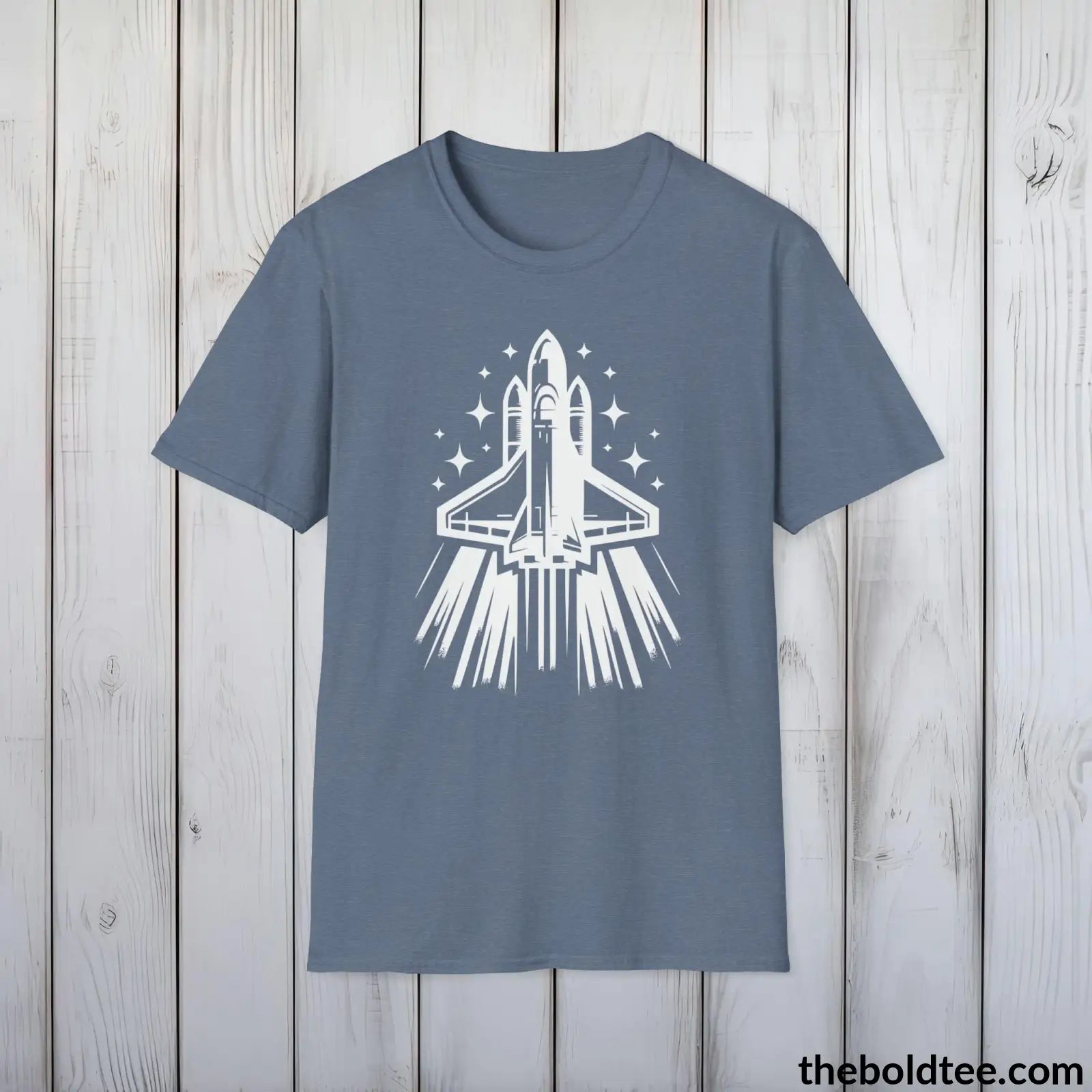 T-Shirt Heather Indigo / S Space Ship Tee - Sustainable & Soft Cotton Crewneck Unisex T-Shirt - 9 Bold Colors