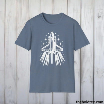 T-Shirt Heather Indigo / S Space Ship Tee - Sustainable & Soft Cotton Crewneck Unisex T-Shirt - 9 Bold Colors