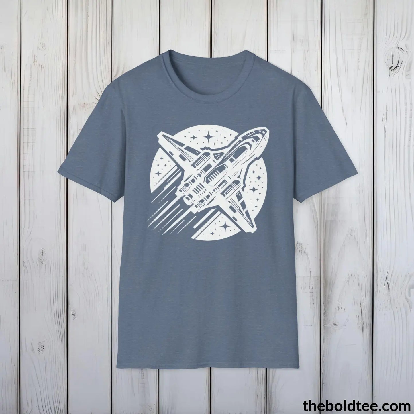 T-Shirt Heather Indigo / S Space Ship Tee - Sustainable & Soft Cotton Crewneck Unisex T-Shirt - 9 Bold Colors