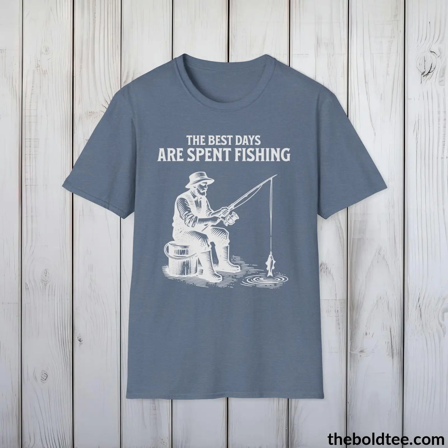 T-Shirt Heather Indigo / S The Best Days Are Spent Fishing T-Shirt - Premium Fishing Graphic Tee - Fishing Gift For Fishermen - Cool Fisher Shirt - 9 Colors Available