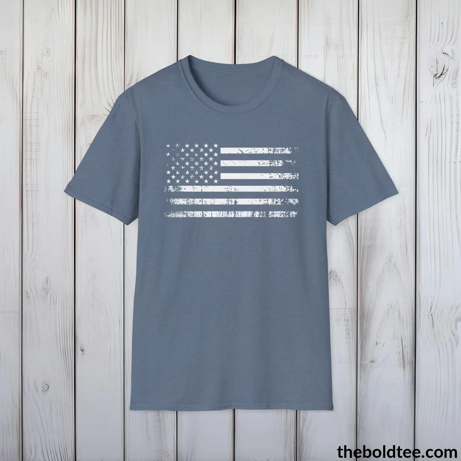 T-Shirt Heather Indigo / S US FLAG Military Tee - Strong & Versatile Cotton Crewneck T-Shirt - 9 Bold Colors