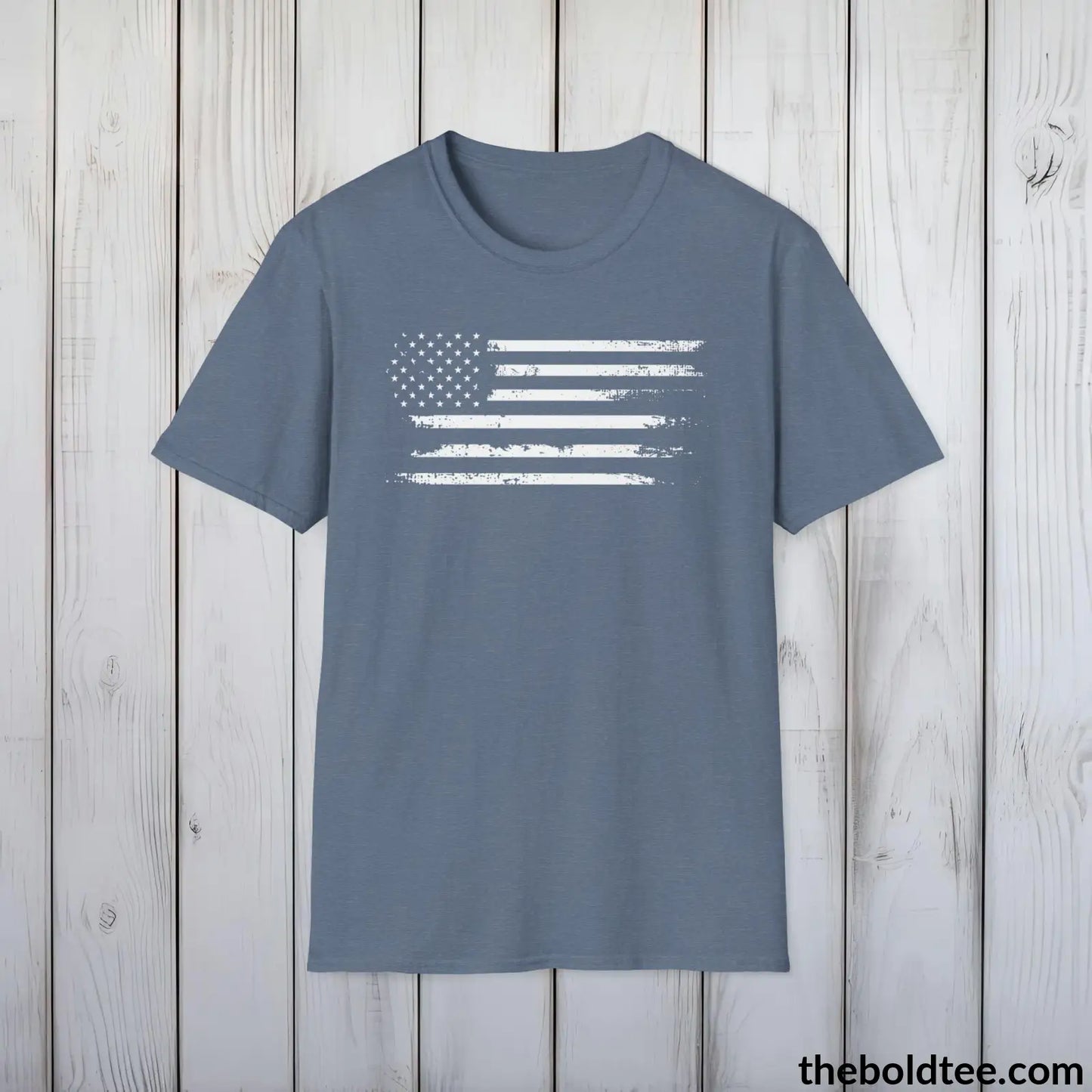 T-Shirt Heather Indigo / S US FLAG Military Tee - Strong & Versatile Cotton Crewneck T-Shirt - 9 Bold Colors