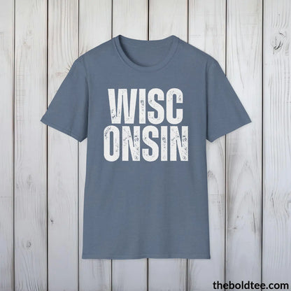 T-Shirt Heather Indigo / S WISCONSIN - Casual, Sustainable & Soft Cotton Crewneck Unisex T-Shirt - 9 Bold Colors