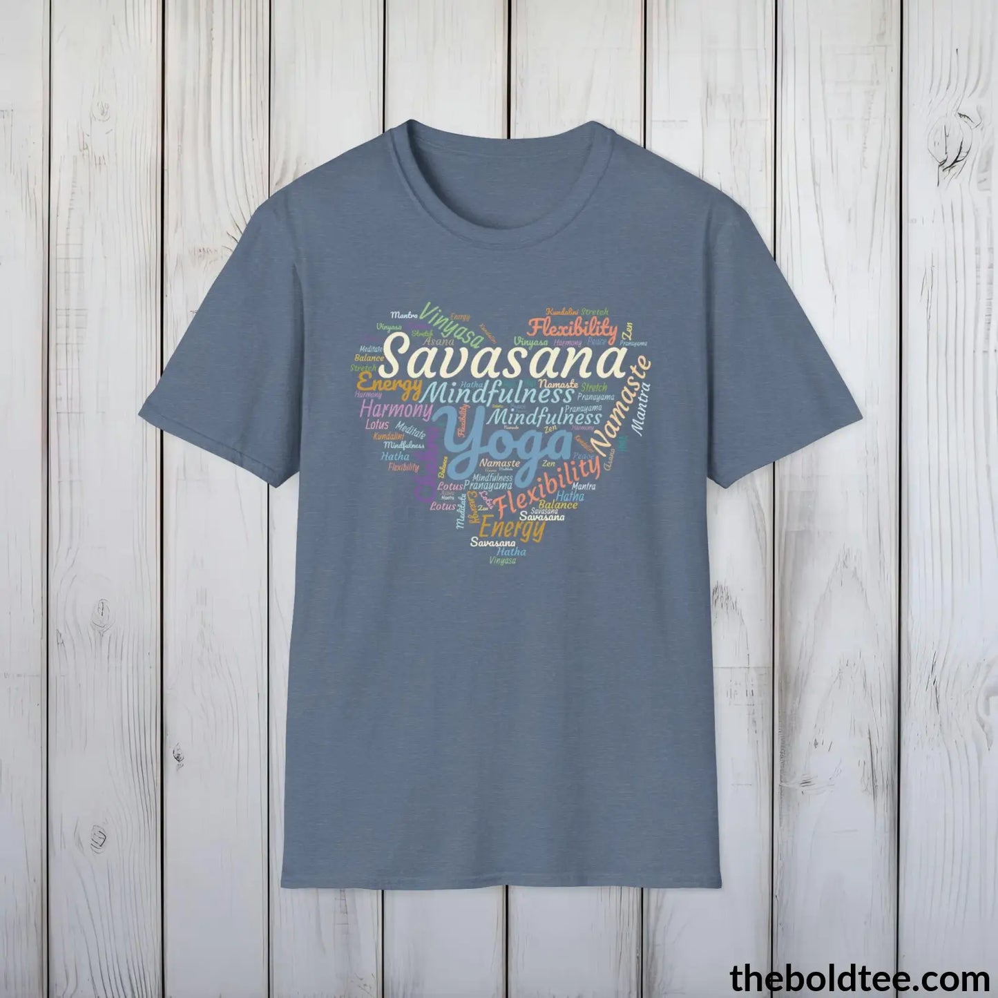 T-Shirt Heather Indigo / S Yoga Word Art T-Shirt - Mindfulness & Harmony Vocabulary Unisex Tee - Peaceful Savasana Cotton Shirt Yogi Gift - 8 Stylish Trendy Colors