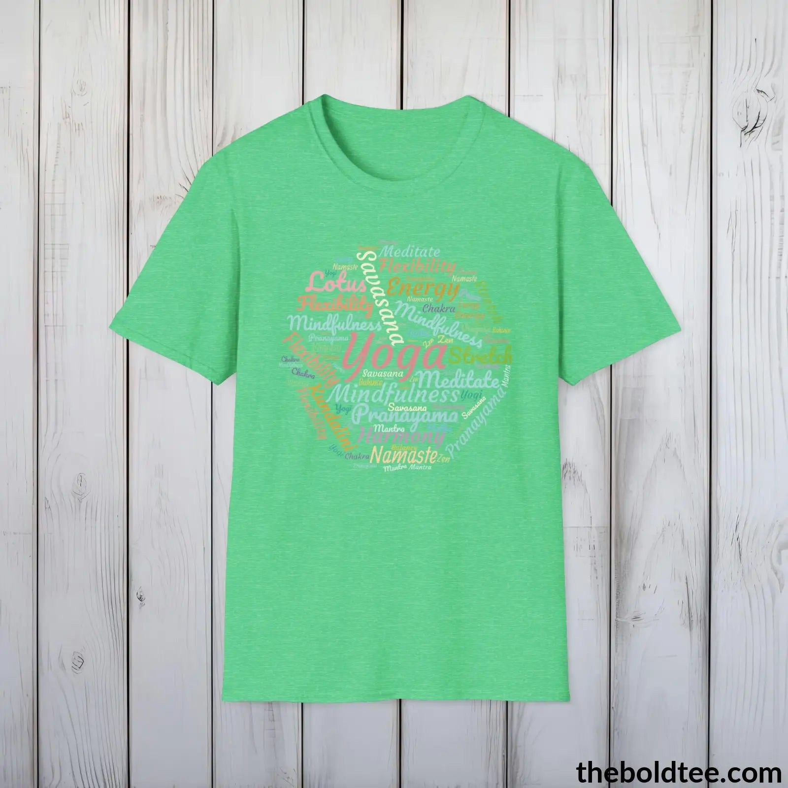 T-Shirt Heather Irish Green / S Yoga Word Art T-Shirt - Mindfulness & Harmony Vocabulary Unisex Tee - Peaceful Savasana Cotton Shirt Yogi Gift - 8 Stylish Trendy Colors