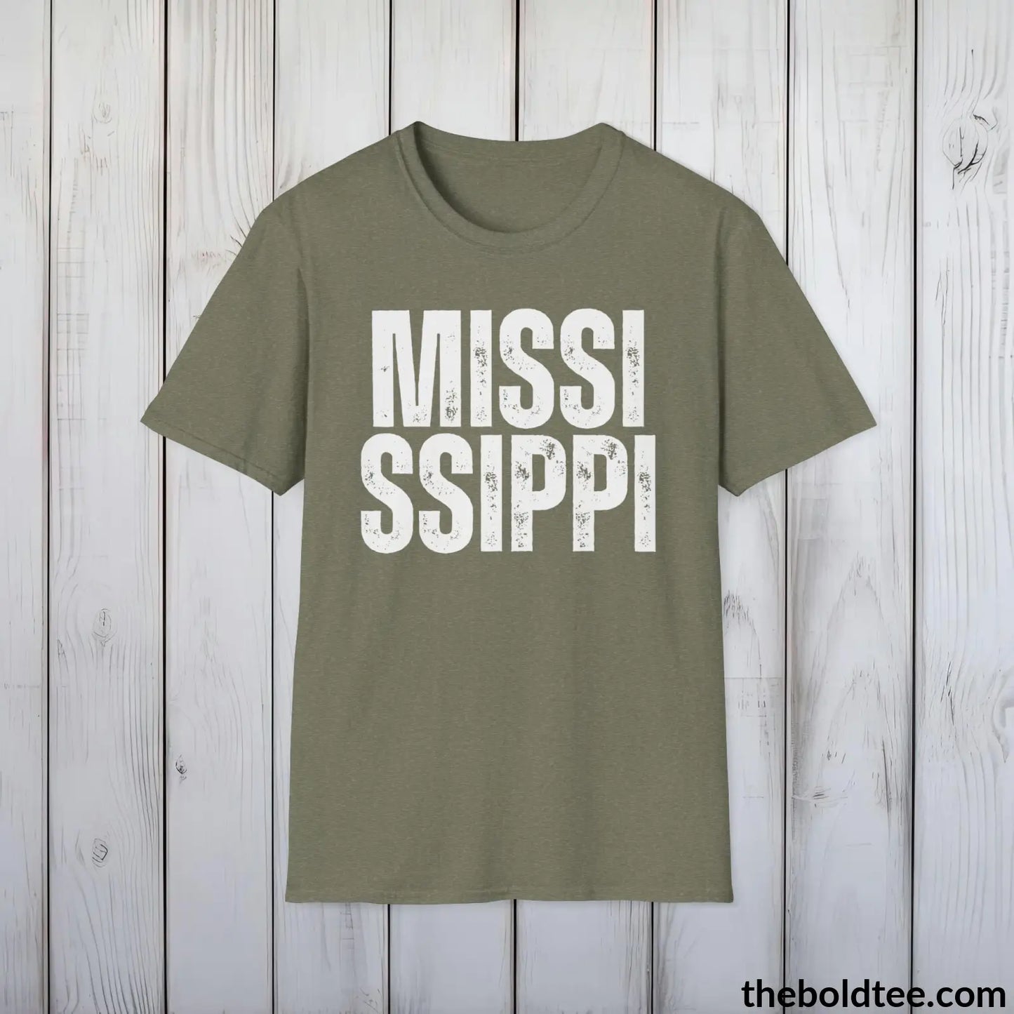 T-Shirt Heather Military Green / S MISSISSIPPI Tee - Casual, Sustainable & Soft Cotton Crewneck Unisex T-Shirt - 9 Bold Colors