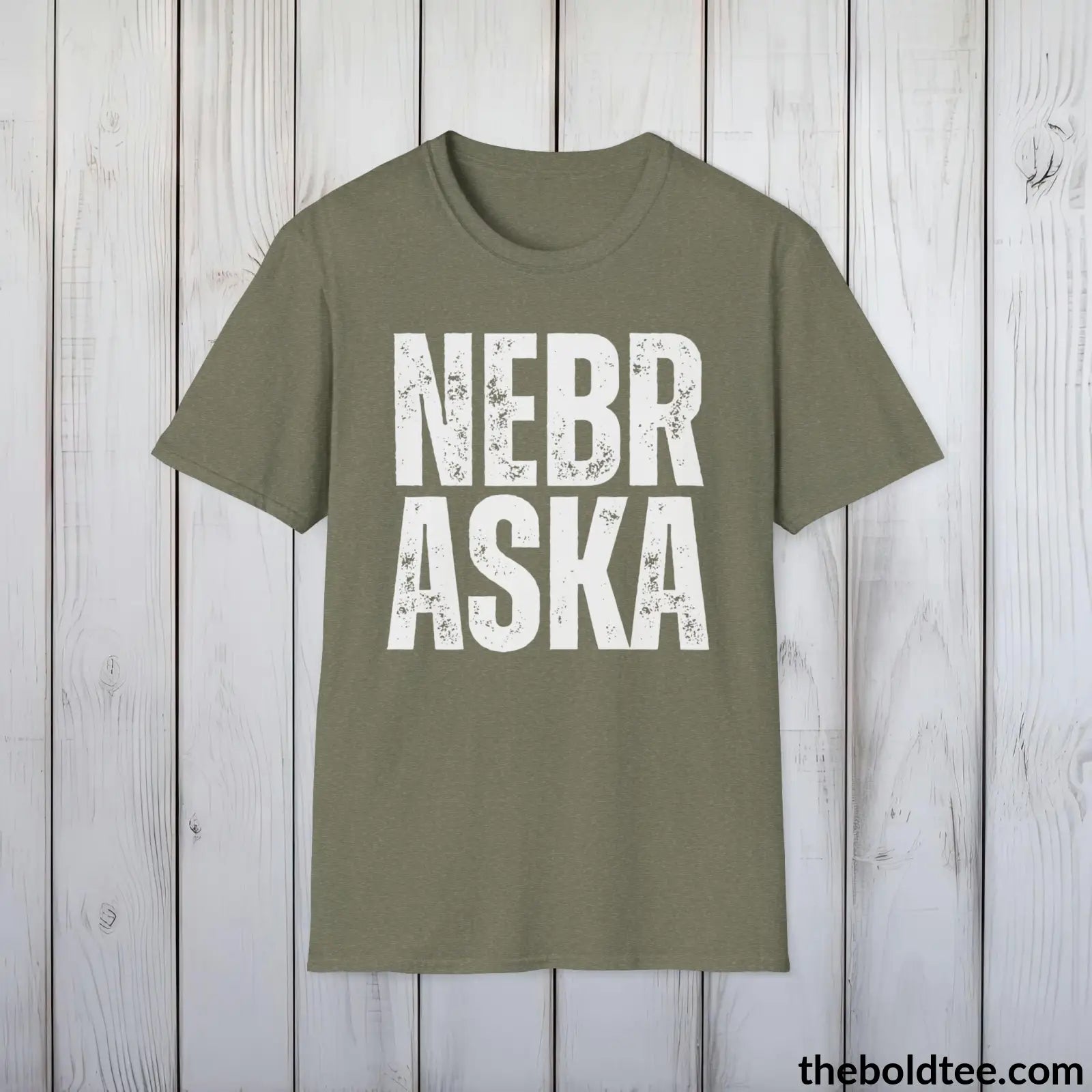 T-Shirt Heather Military Green / S NEBRASKA Tee - Casual, Sustainable & Soft Cotton Crewneck Unisex T-Shirt - 9 Bold Colors