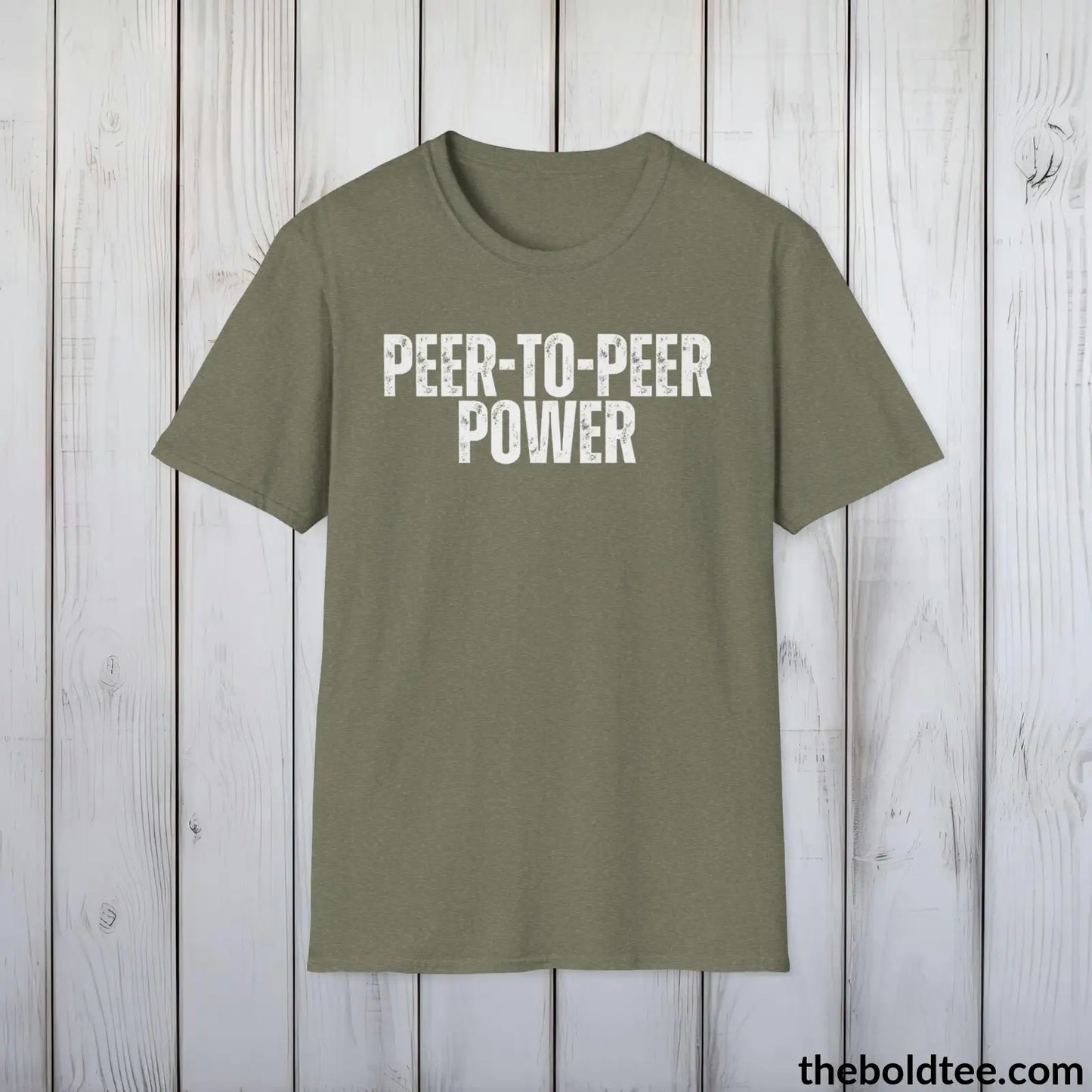 T-Shirt Heather Military Green / S PEER-TO-PEER PWER Cryptocurrency Tee - Premium Cotton Crewneck Unisex T-Shirt - 9 Bold Colors