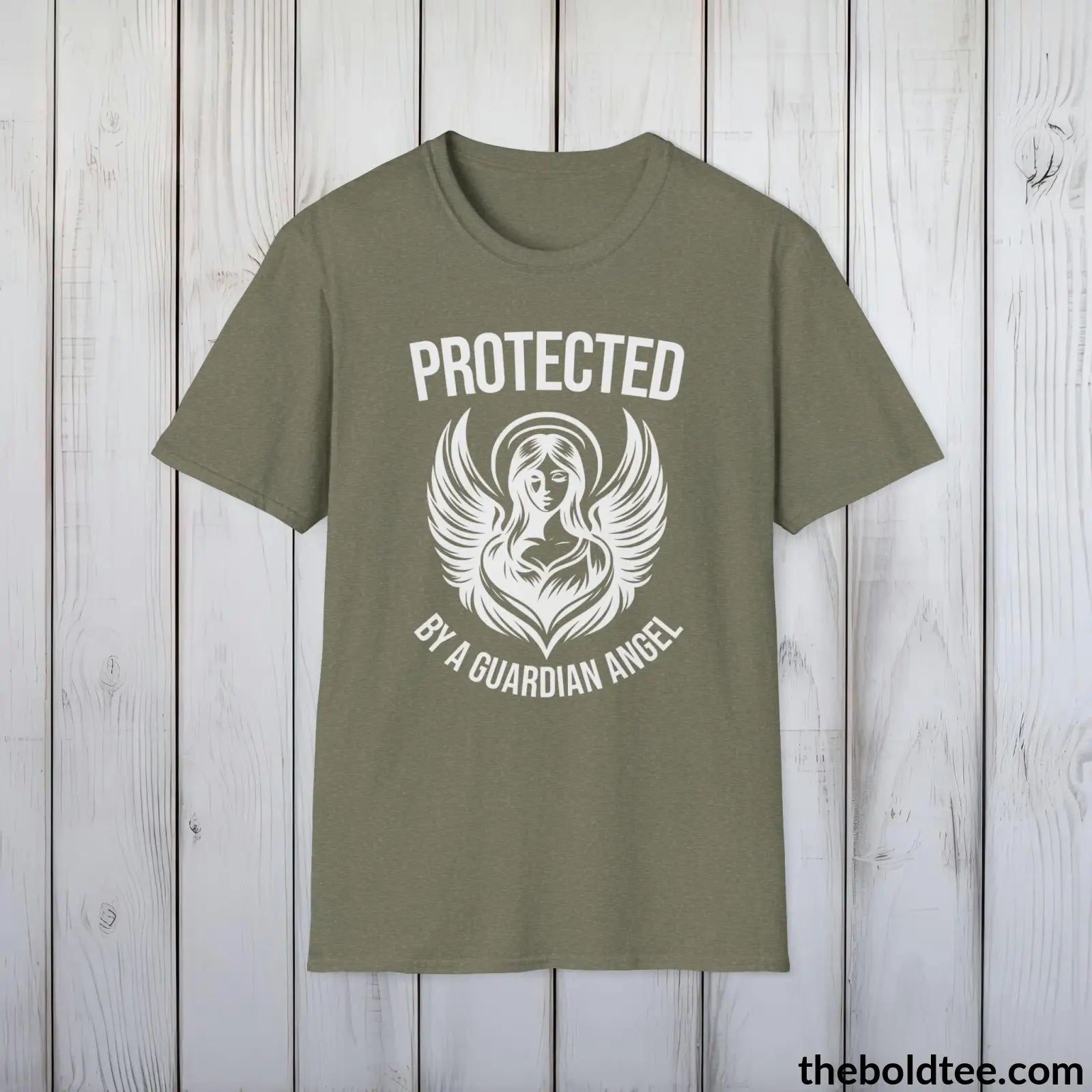 T-Shirt Heather Military Green / S Protected by a Guardian Angel T-Shirt - Spiritual Guardian Angel Tee - Angel Wings Inspirational T-Shirt - Spiritual Gift - 9 Colors