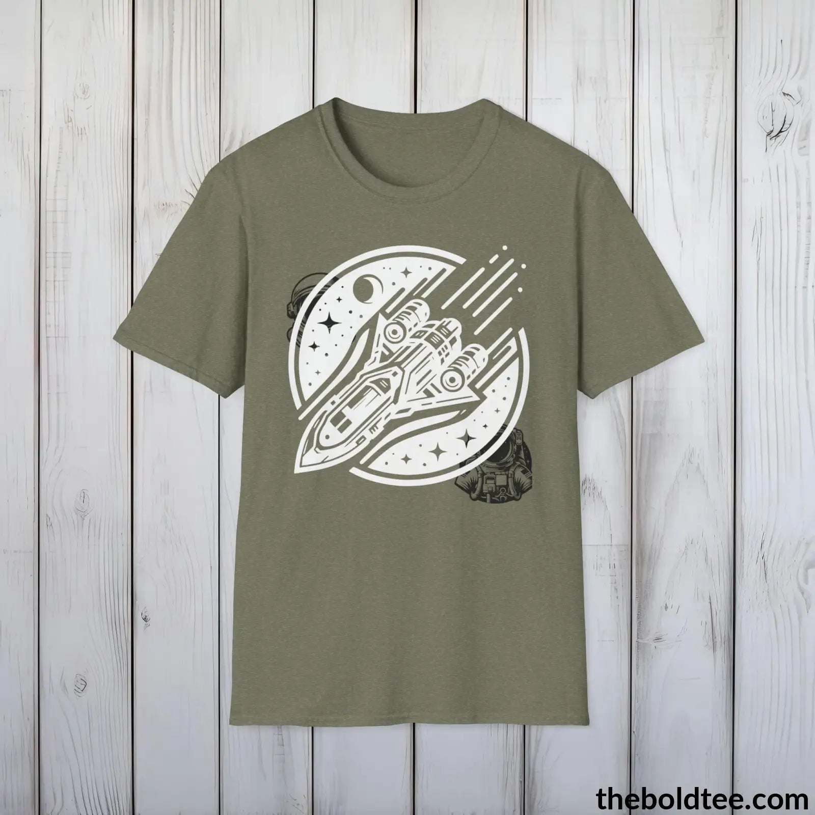 T-Shirt Heather Military Green / S Space Ship Tee - Sustainable & Soft Cotton Crewneck Unisex T-Shirt - 9 Bold Colors