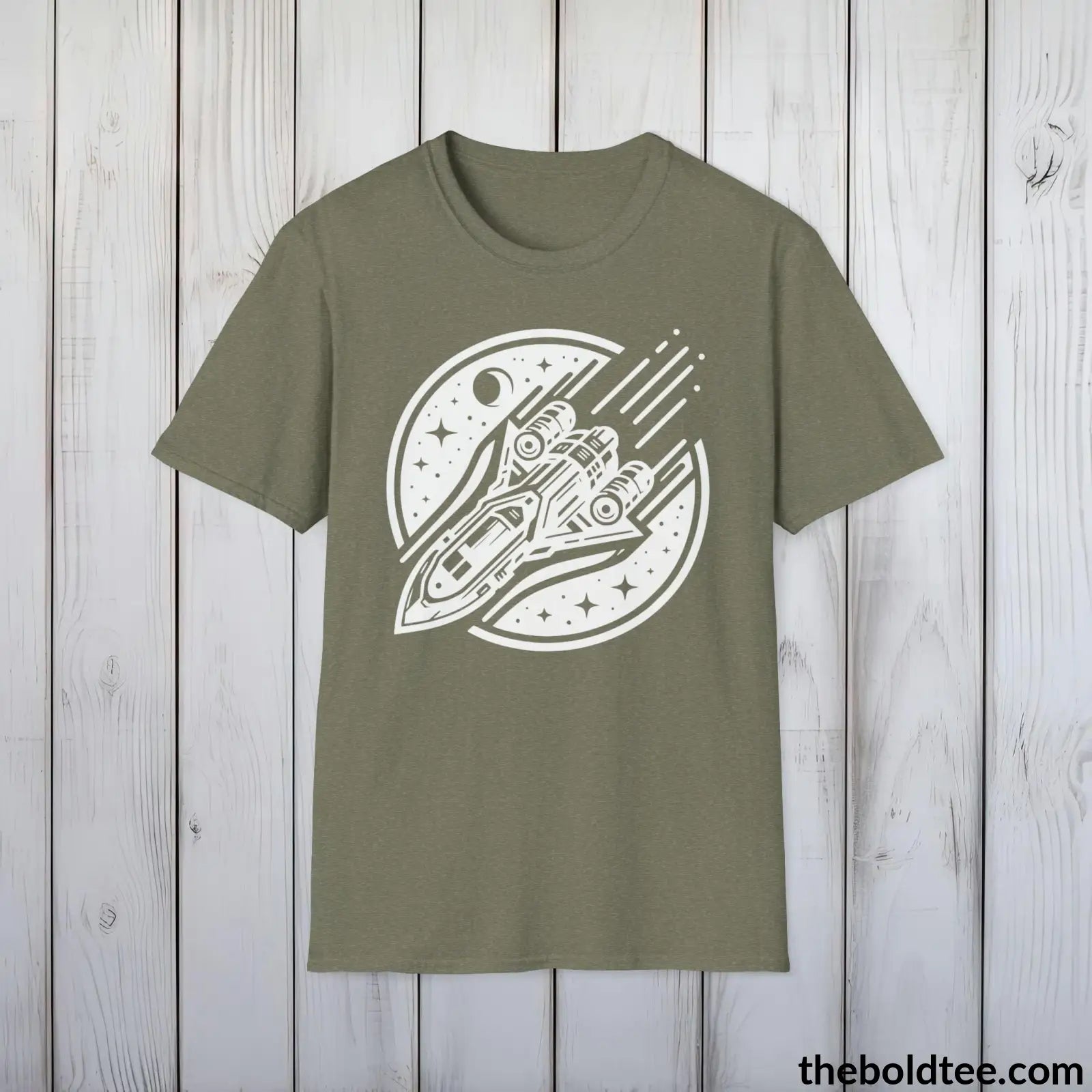 T-Shirt Heather Military Green / S Space Ship Tee - Sustainable & Soft Cotton Crewneck Unisex T-Shirt - 9 Bold Colors