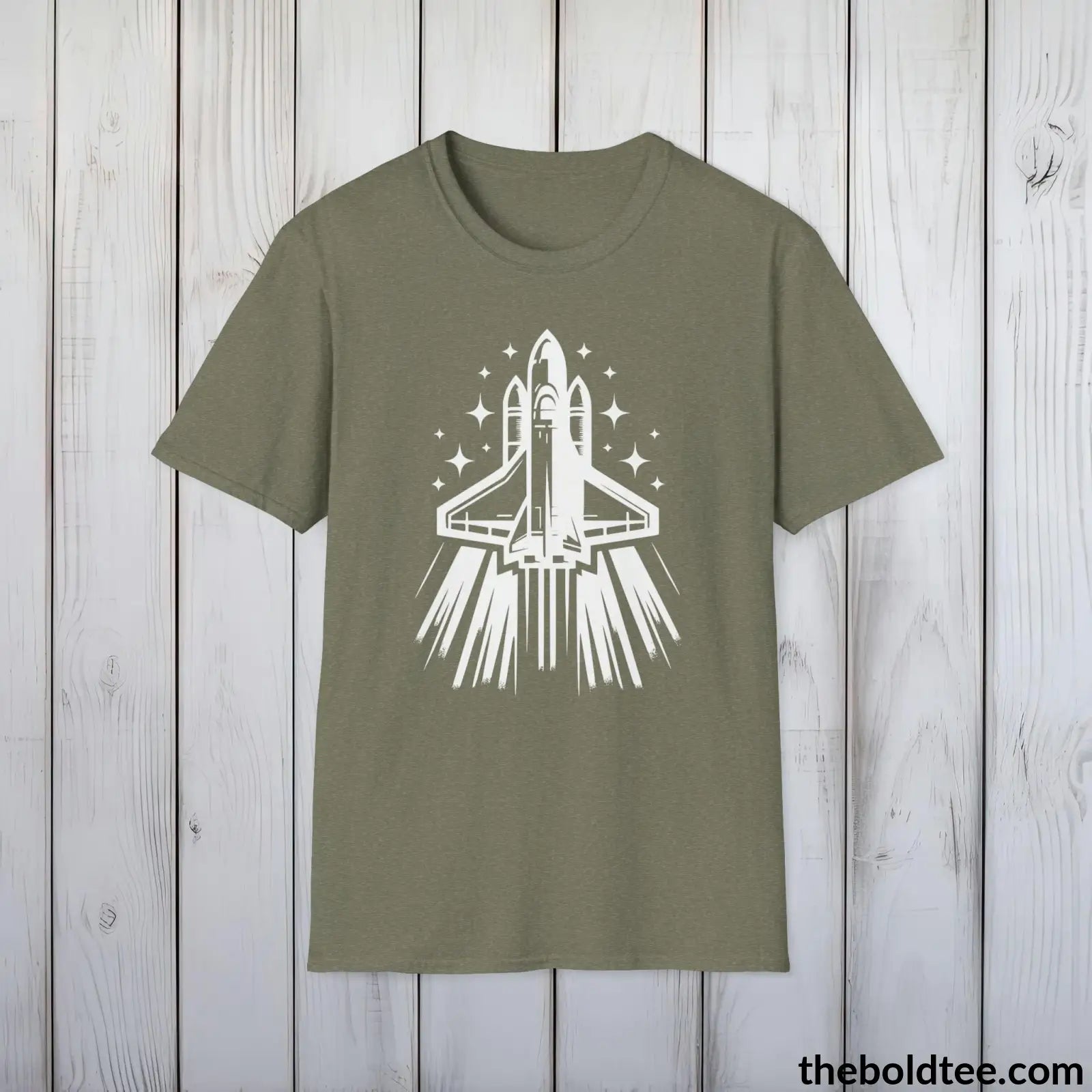 T-Shirt Heather Military Green / S Space Ship Tee - Sustainable & Soft Cotton Crewneck Unisex T-Shirt - 9 Bold Colors