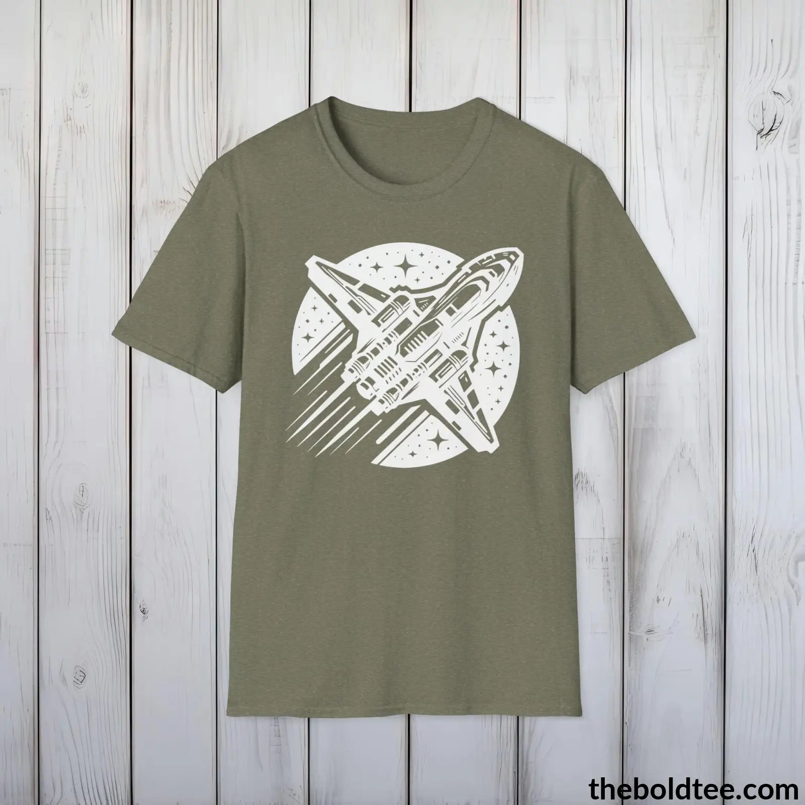 T-Shirt Heather Military Green / S Space Ship Tee - Sustainable & Soft Cotton Crewneck Unisex T-Shirt - 9 Bold Colors