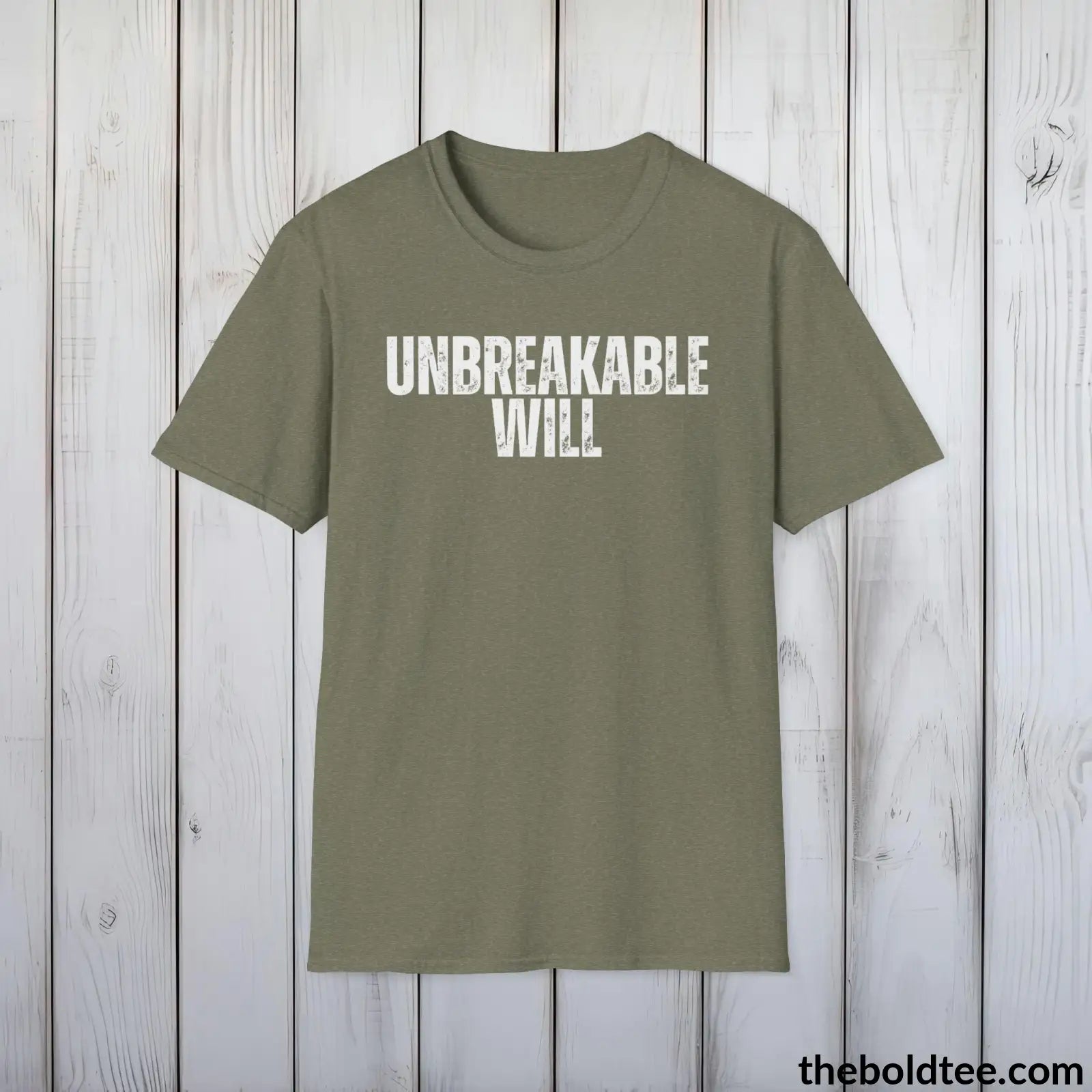 T-Shirt Heather Military Green / S UNBREAKABLE WILL Military Tee - Strong & Versatile Cotton Crewneck T-Shirt - 9 Bold Colors