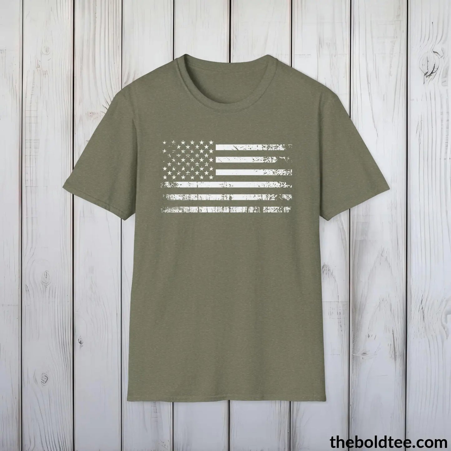 T-Shirt Heather Military Green / S US FLAG Military Tee - Strong & Versatile Cotton Crewneck T-Shirt - 9 Bold Colors