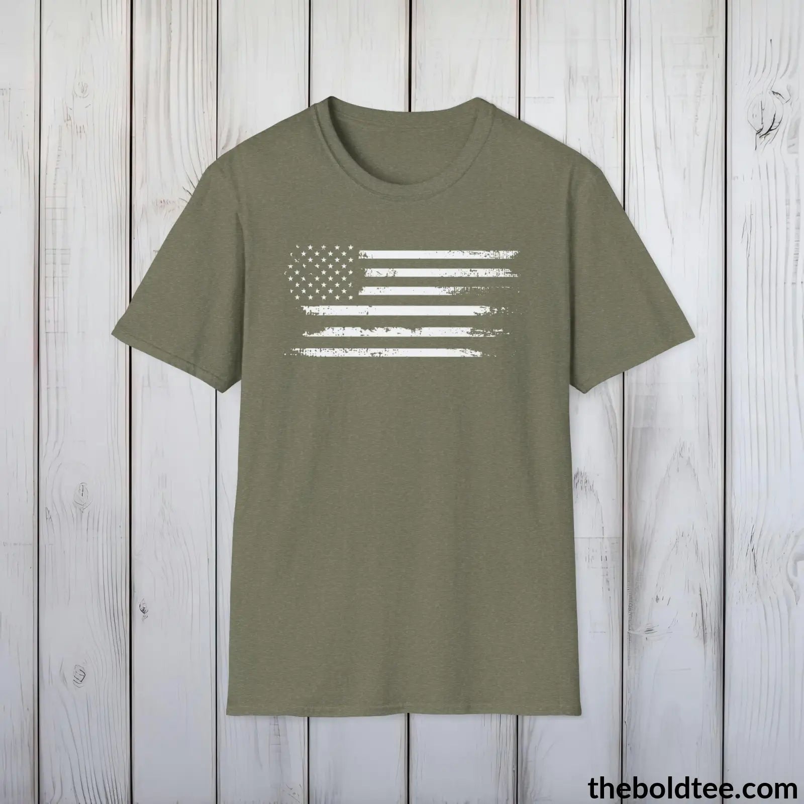 T-Shirt Heather Military Green / S US FLAG Military Tee - Strong & Versatile Cotton Crewneck T-Shirt - 9 Bold Colors