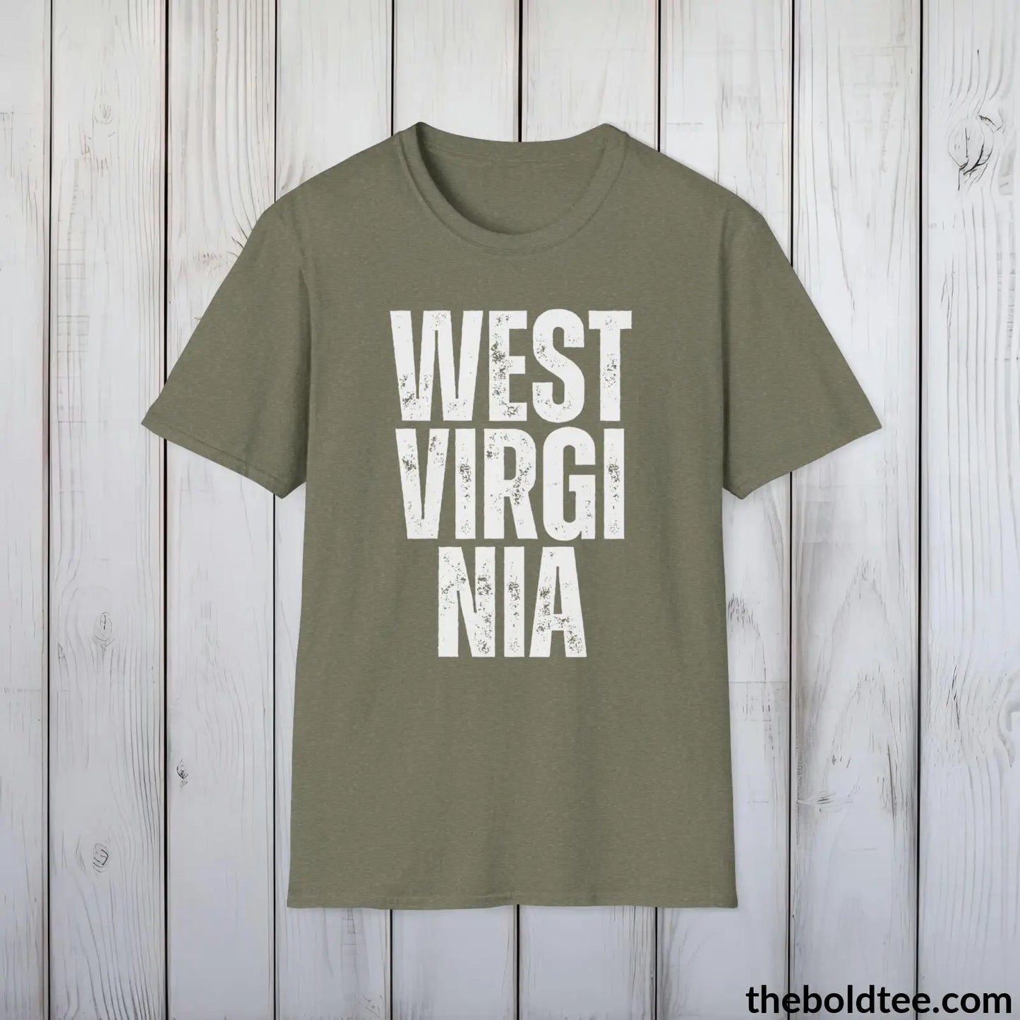 T-Shirt Heather Military Green / S WEST VIRGINIA - Casual, Sustainable & Soft Cotton Crewneck Unisex T-Shirt - 9 Bold Colors