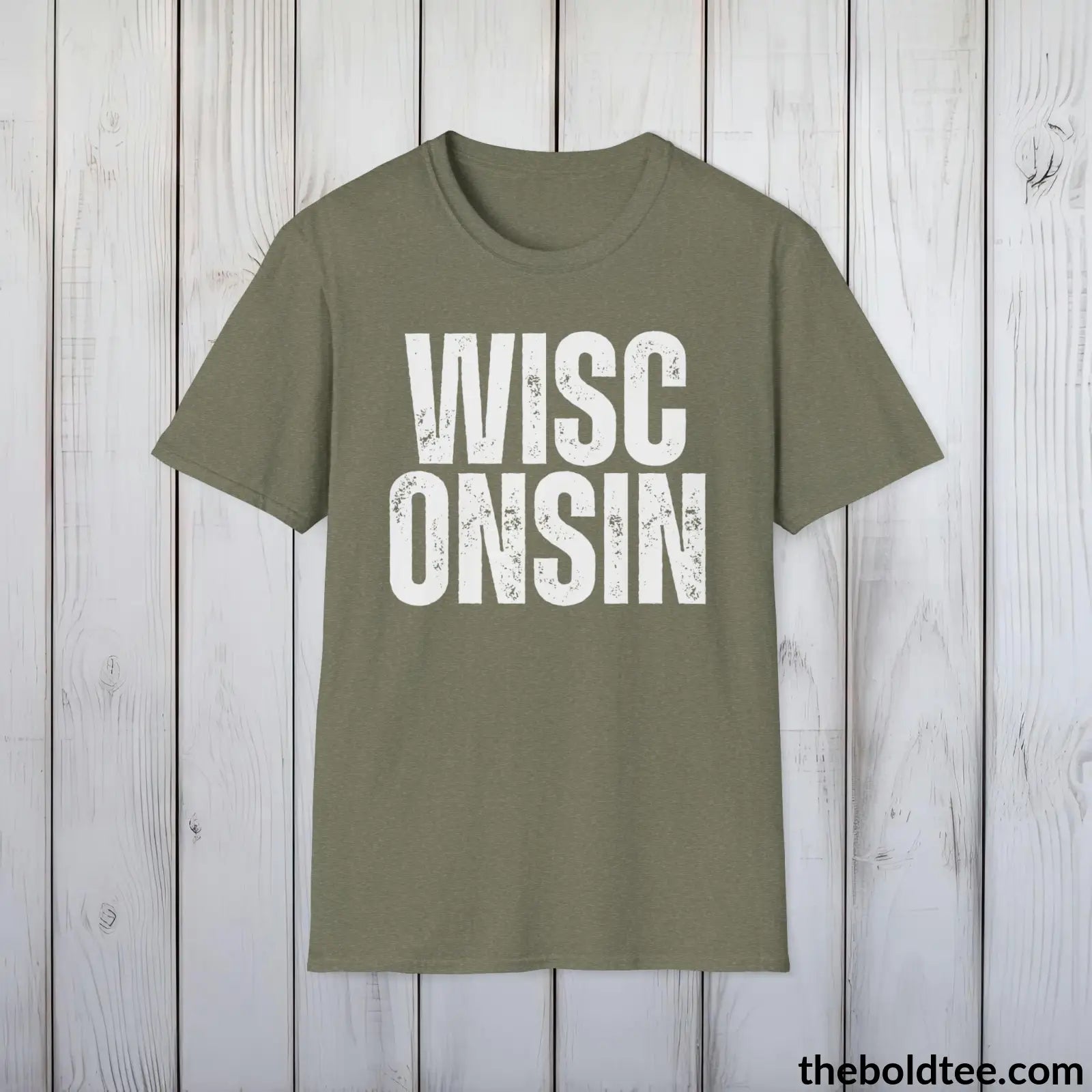 T-Shirt Heather Military Green / S WISCONSIN - Casual, Sustainable & Soft Cotton Crewneck Unisex T-Shirt - 9 Bold Colors