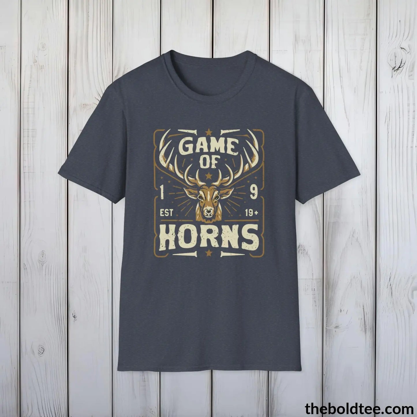 T-Shirt Heather Navy / S Game of Horns Deer Hunter T-Shirt - Great Funny Gift for Outdoor Hunting Adventurers - Ultimate Comfort in Green, Grey or Navy