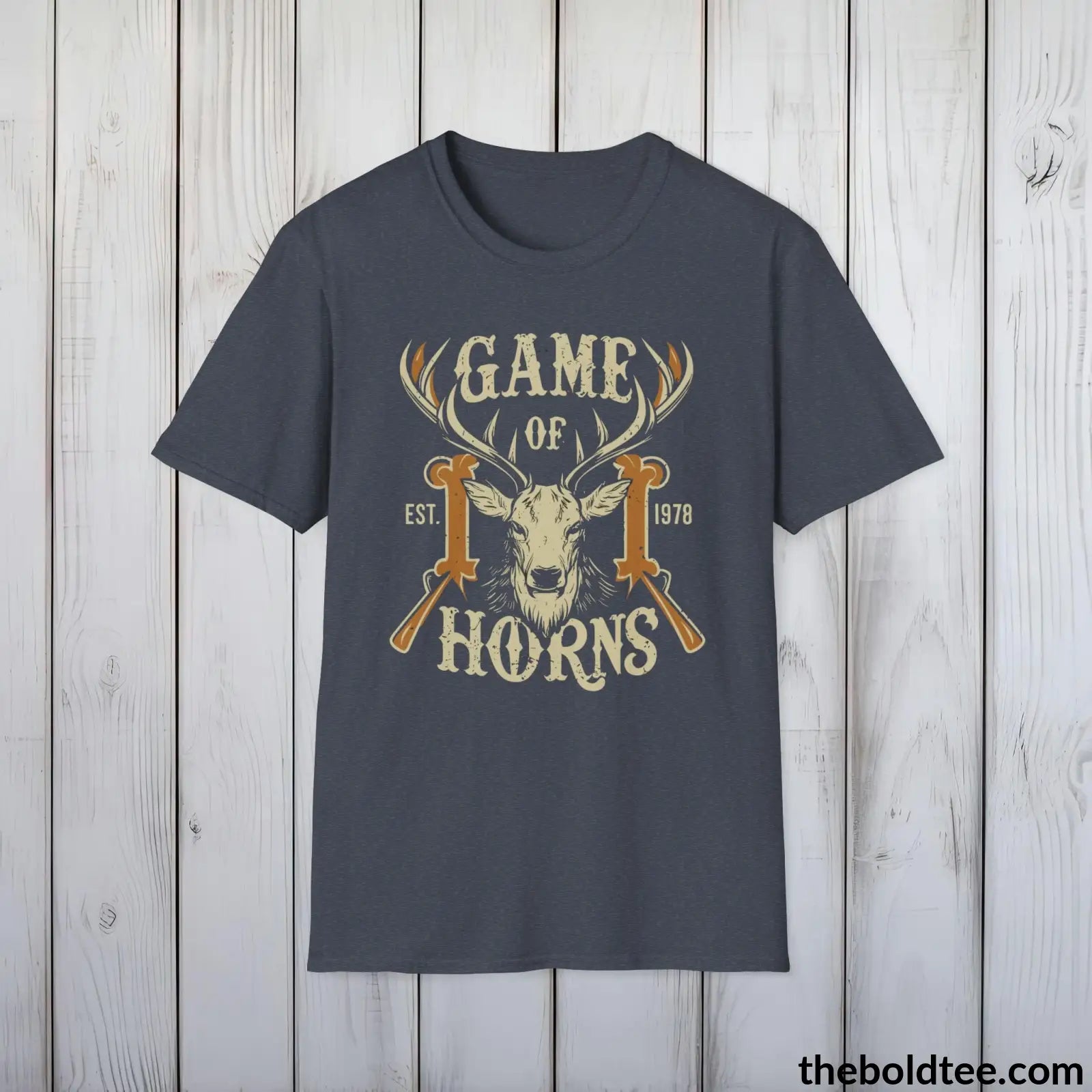 T-Shirt Heather Navy / S Game of Horns Deer Hunter T-Shirt - Great Funny Gift for Outdoor Hunting Adventurers - Ultimate Comfort in Green, Grey or Navy