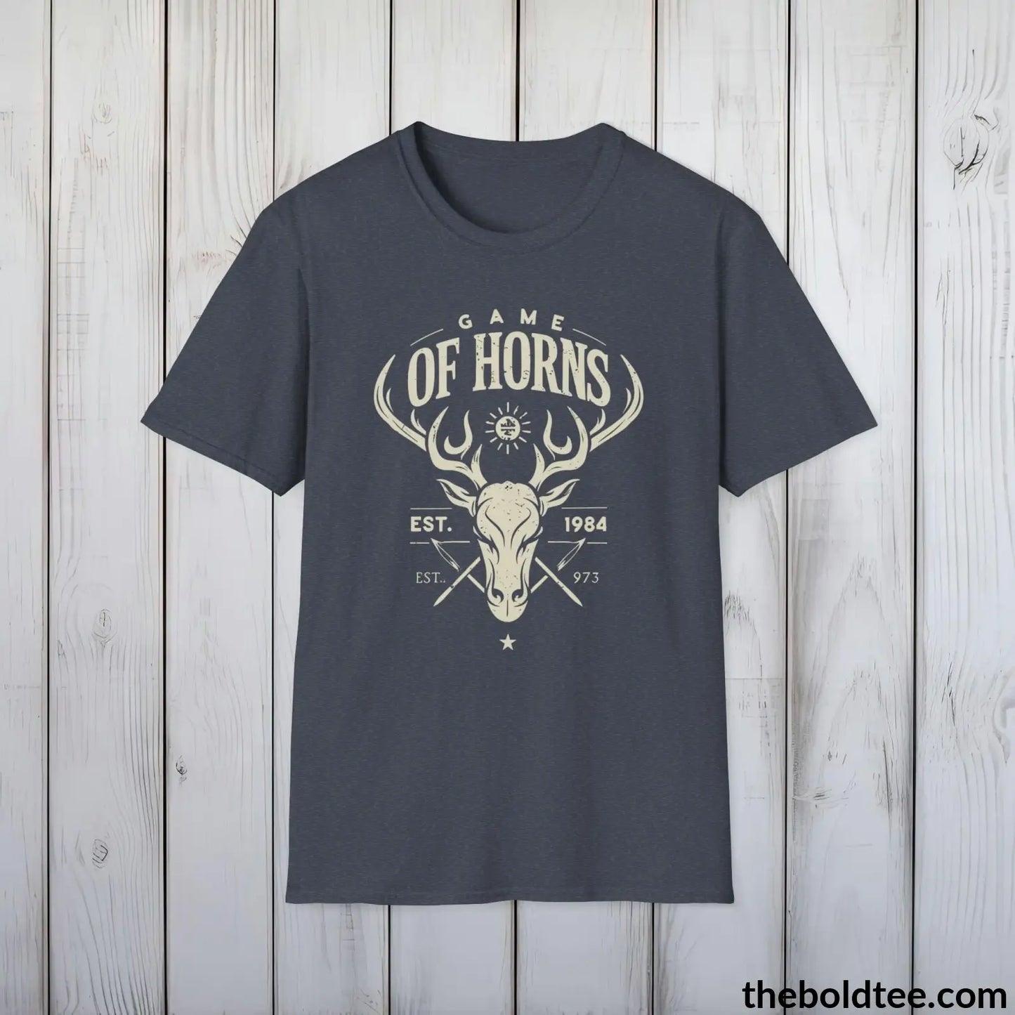 T-Shirt Heather Navy / S Game of Horns Deer Hunter T-Shirt - Great Funny Gift for Outdoor Hunting Adventurers - Ultimate Comfort in Green, Grey or Navy