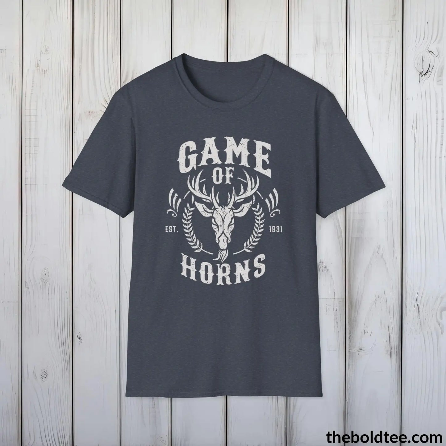 T-Shirt Heather Navy / S Game of Horns Deer Hunter T-Shirt - Great Funny Gift for Outdoor Hunting Adventurers - Ultimate Comfort in Green, Grey or Navy