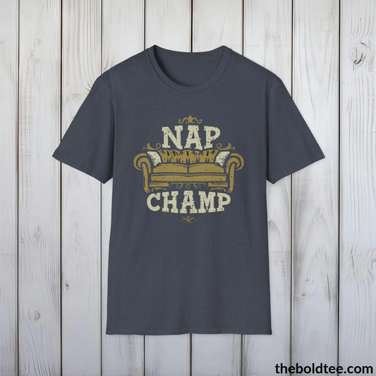 T-Shirt Heather Navy / S Nap Champ Lounge T-Shirt - Sleepy Dad's Favorite Tee - Perfect Dad Gift - Ultimate Comfort in Black, Grey or Navy